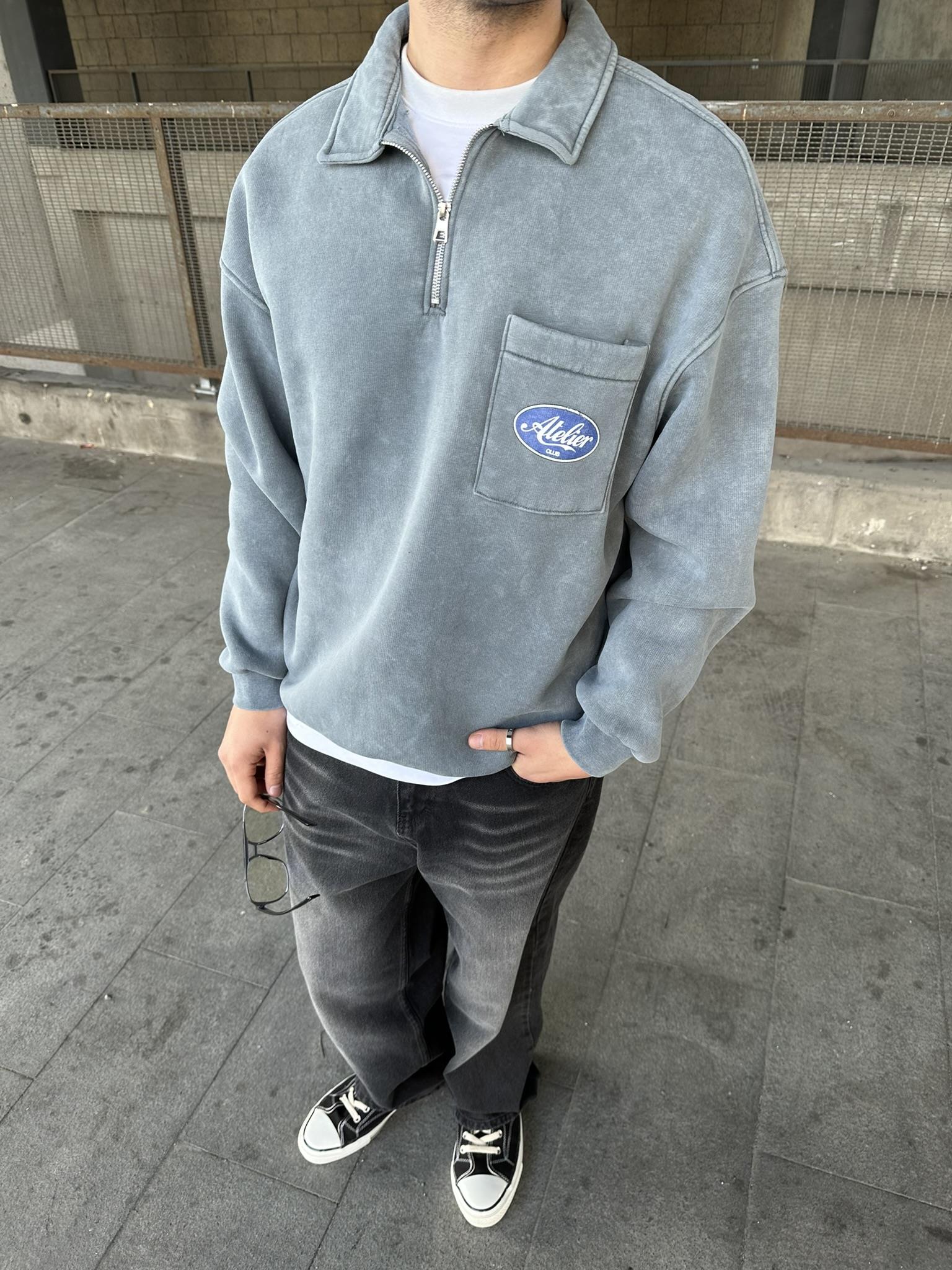 Yıkamalı  Polo Yarım Fermuarlı Yaka Oversize Sweatshirt Taş Mavisi