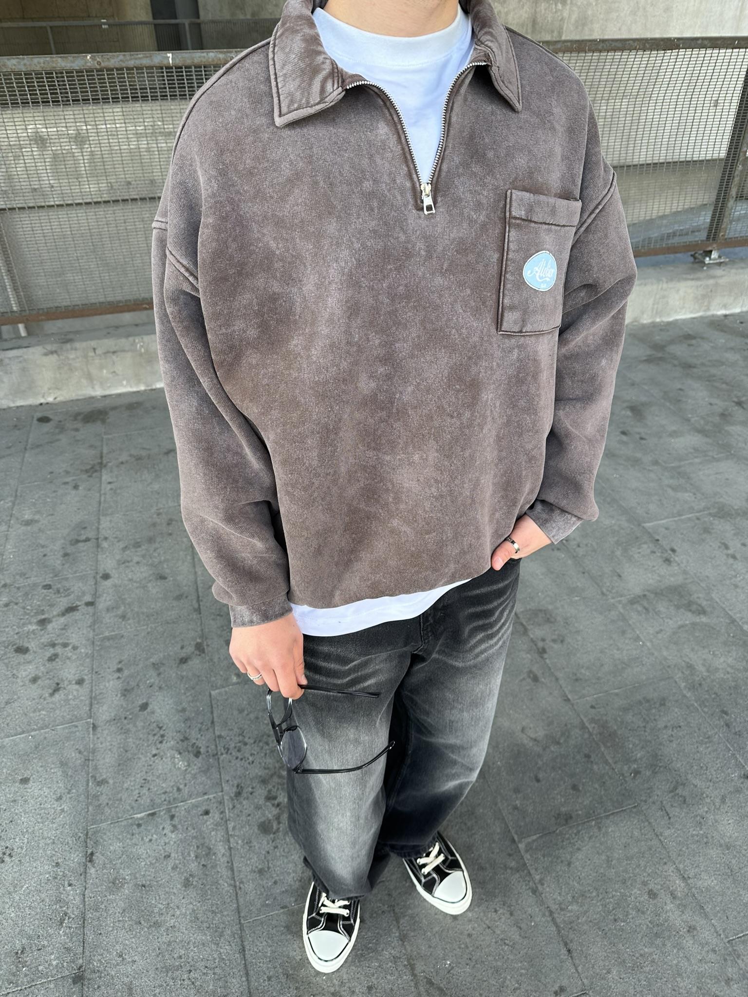 Yıkamalı  Polo Yarım Fermuarlı Yaka Oversize Sweatshirt Kahverengi