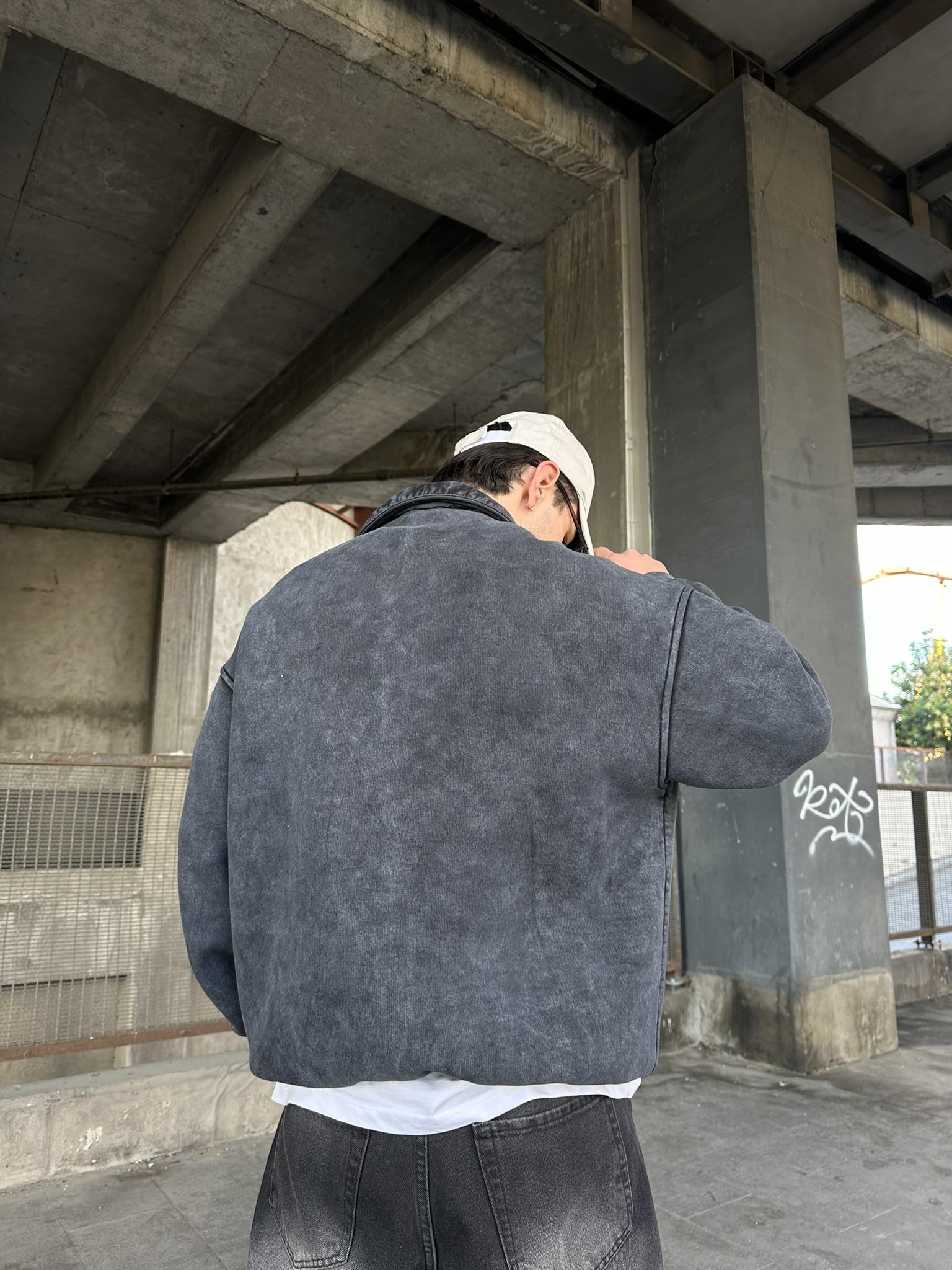 Yıkamalı  Polo Yarım Fermuarlı Yaka Oversize Sweatshirt Siyah