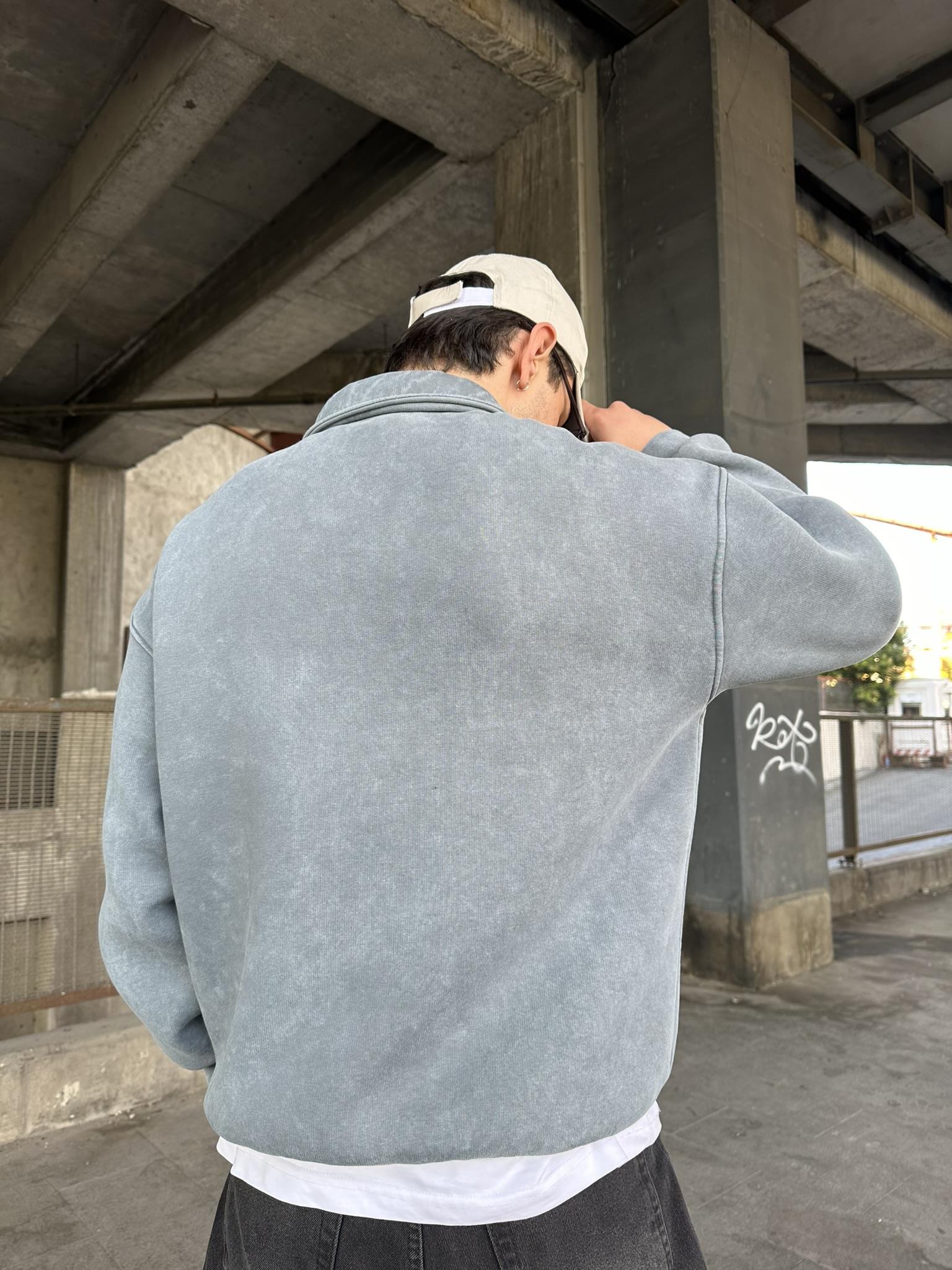 Yıkamalı  Polo Yarım Fermuarlı Yaka Oversize Sweatshirt Taş Mavisi