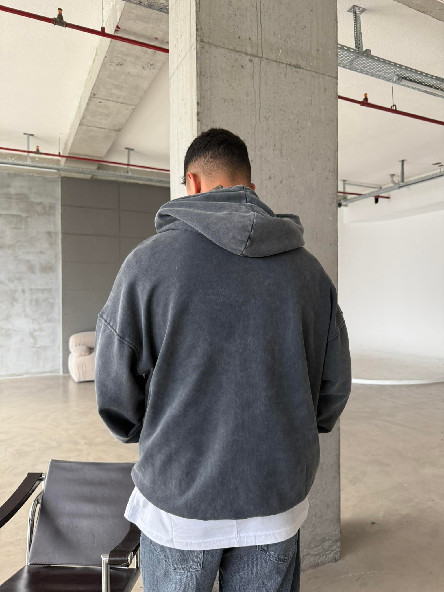 Yıkamalı Premium Acid Zip Hırka - Siyah