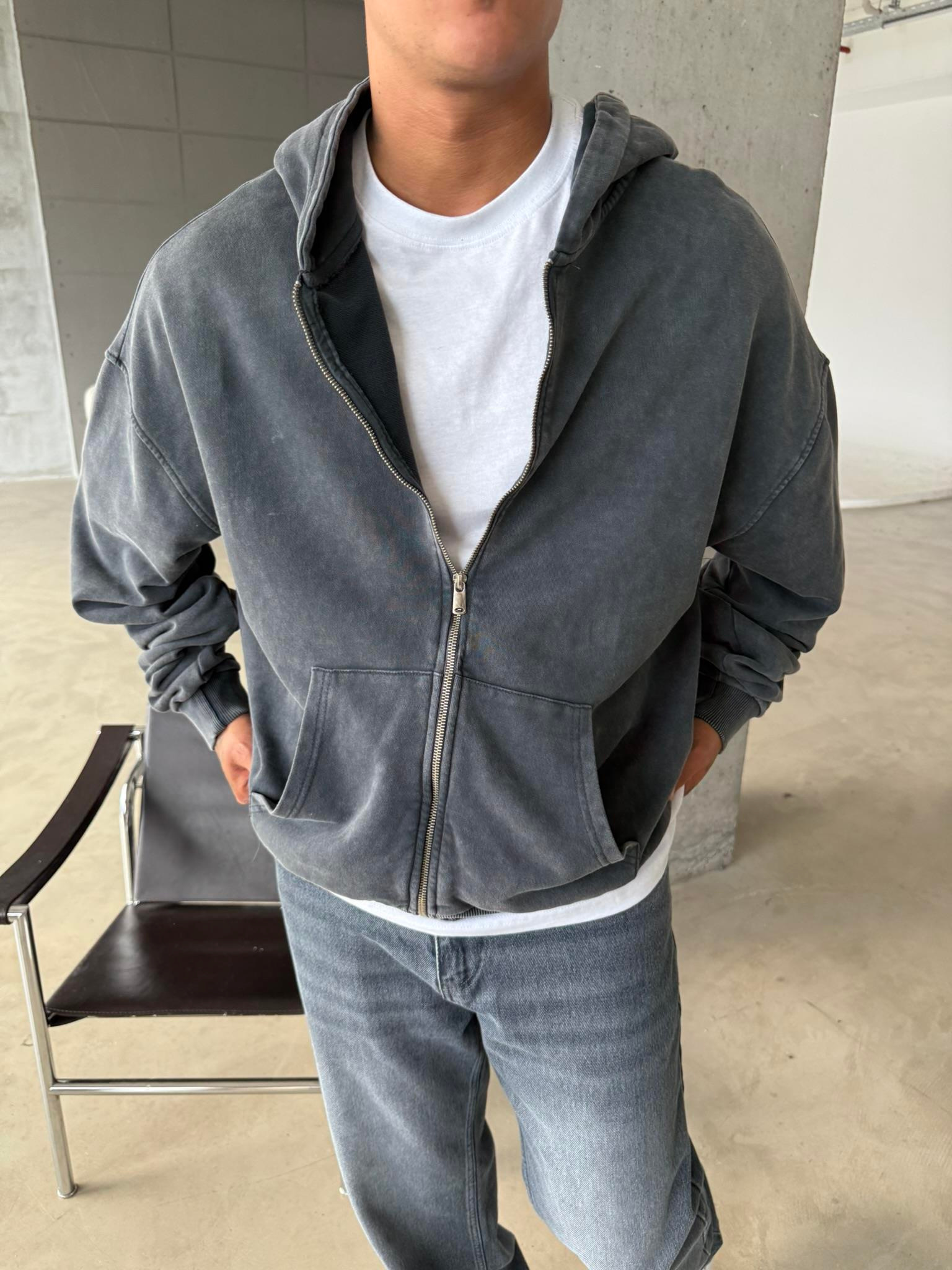 Yıkamalı Premium Acid Zip Hırka - Siyah