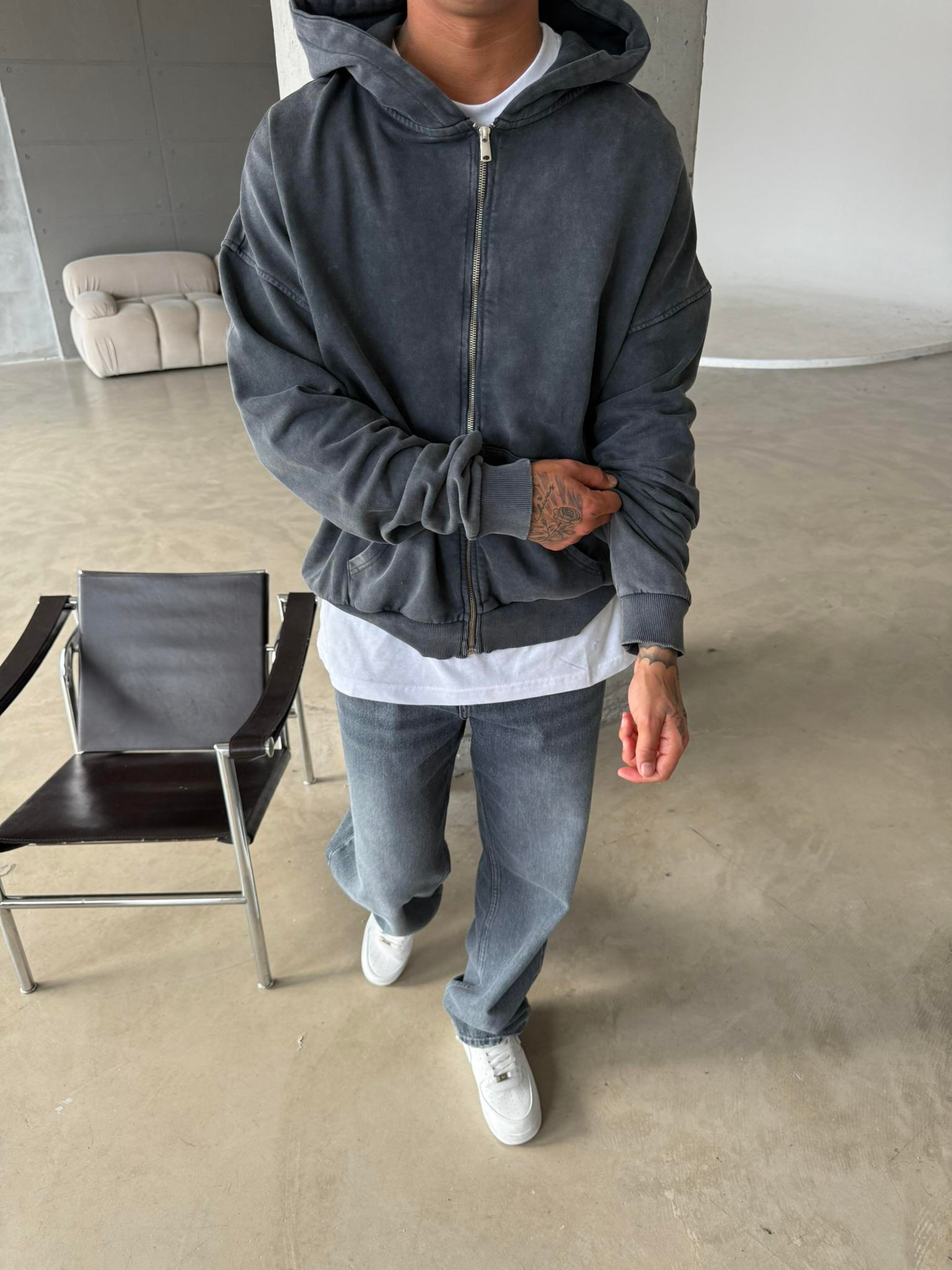 Yıkamalı Premium Acid Zip Hırka - Siyah