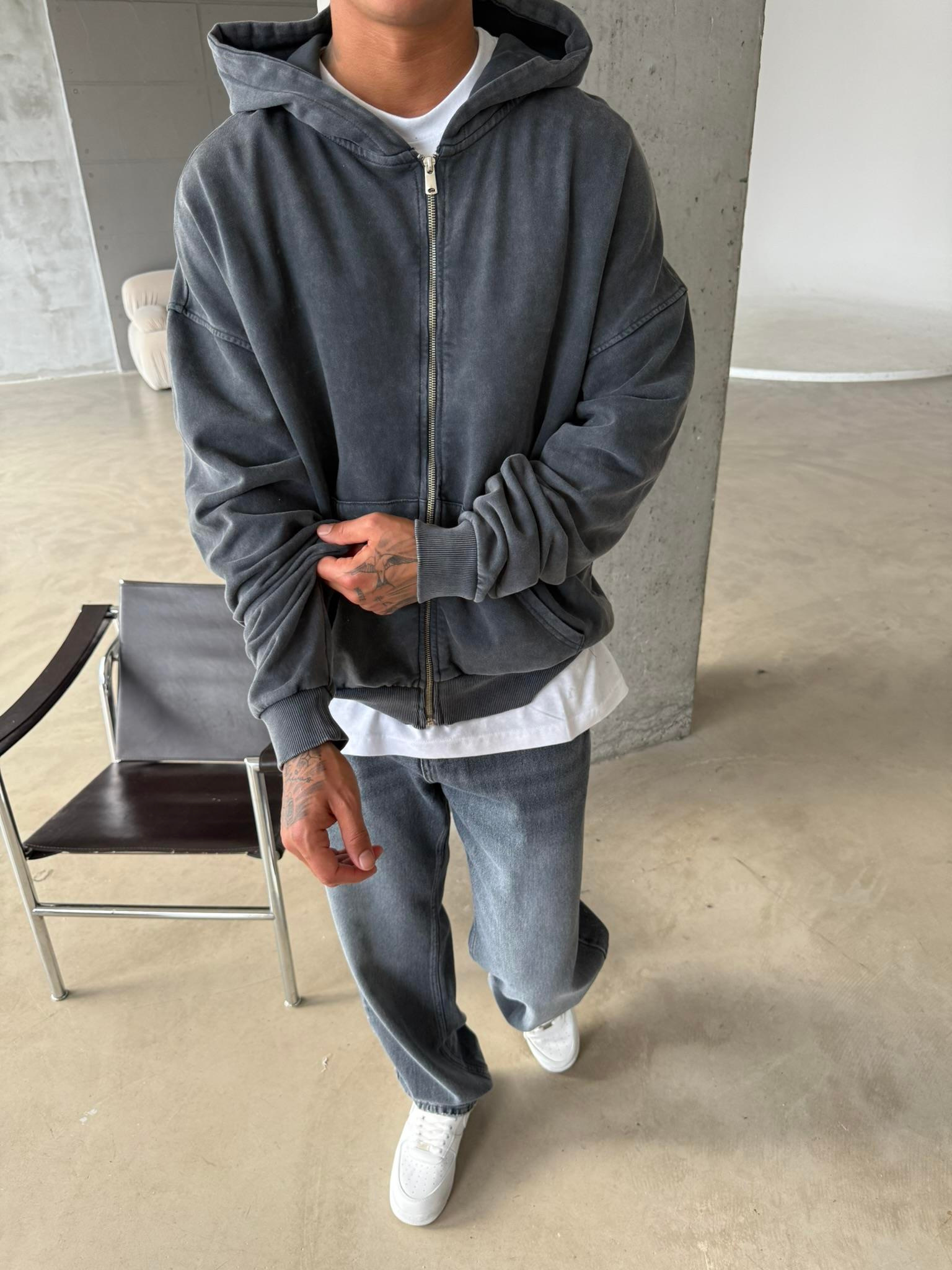 Yıkamalı Premium Acid Zip Hırka - Siyah