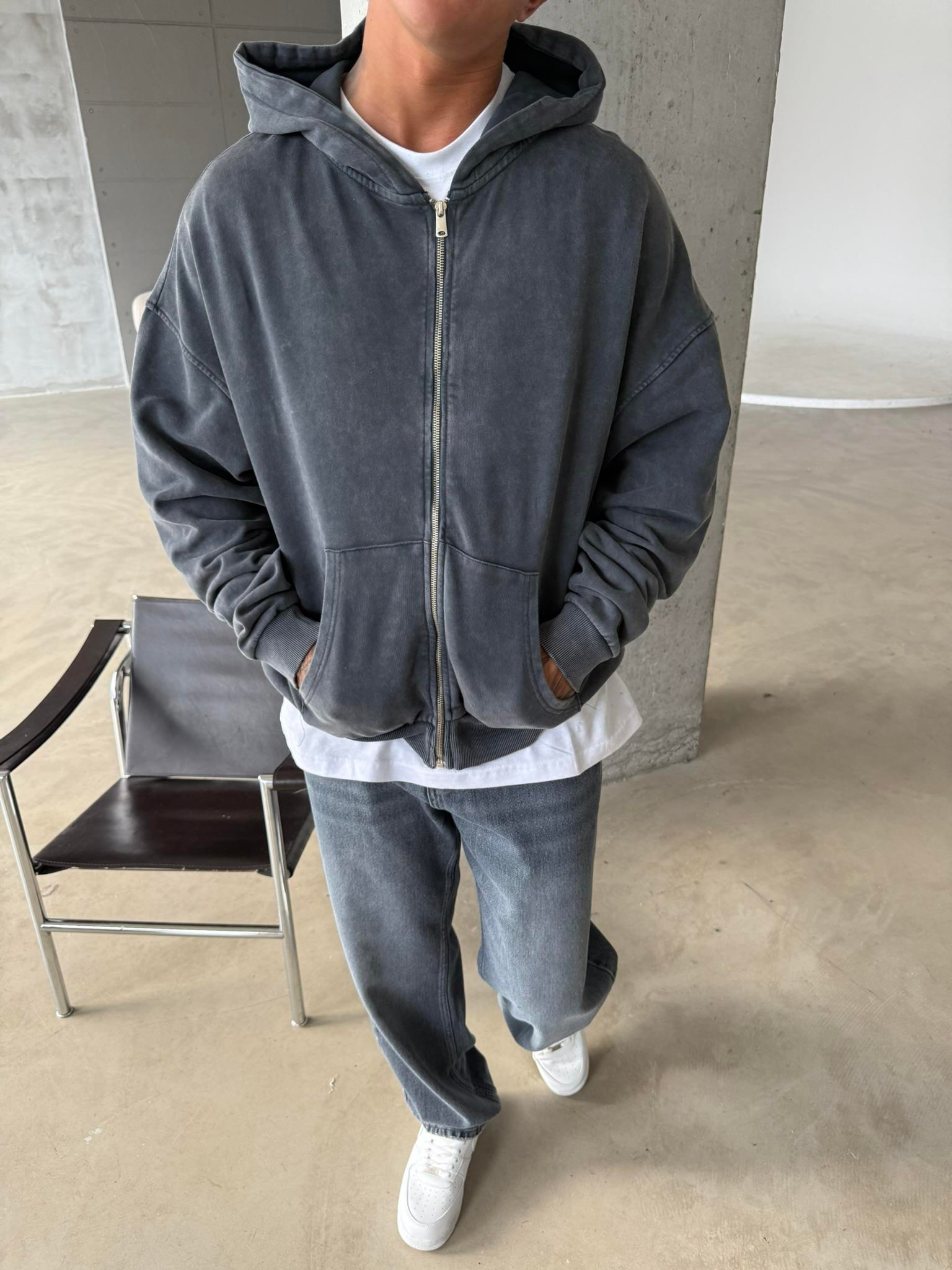 Yıkamalı Premium Acid Zip Hırka - Siyah