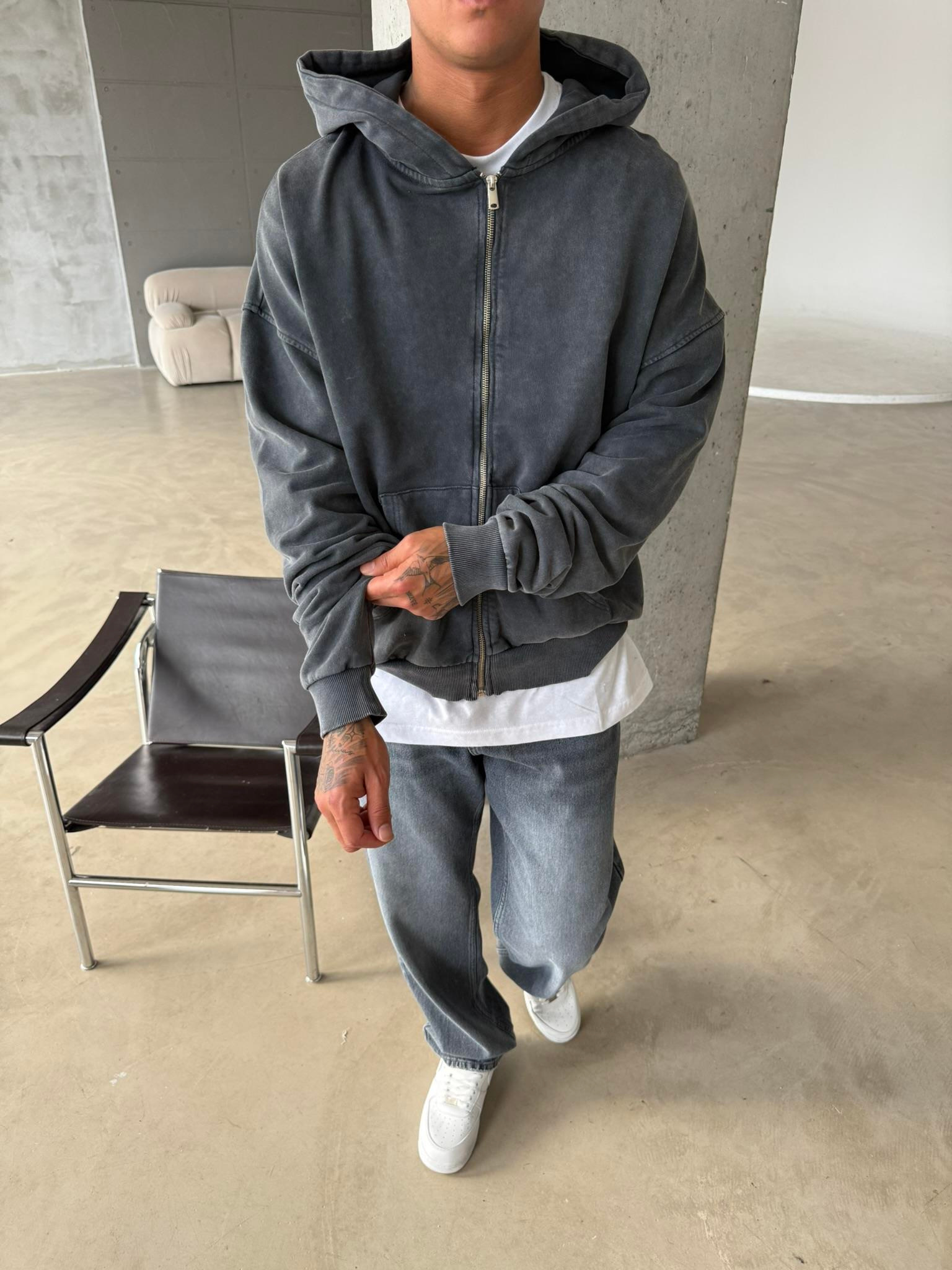 Yıkamalı Premium Acid Zip Hırka - Siyah