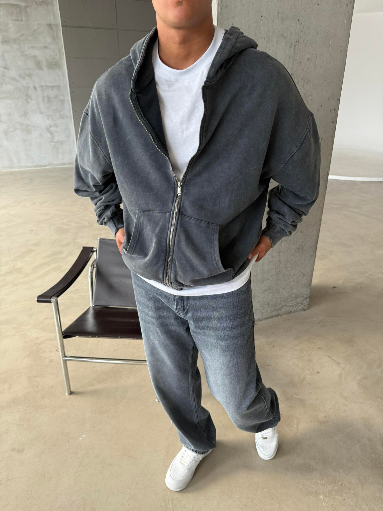 Yıkamalı Premium Acid Zip Hırka - Siyah