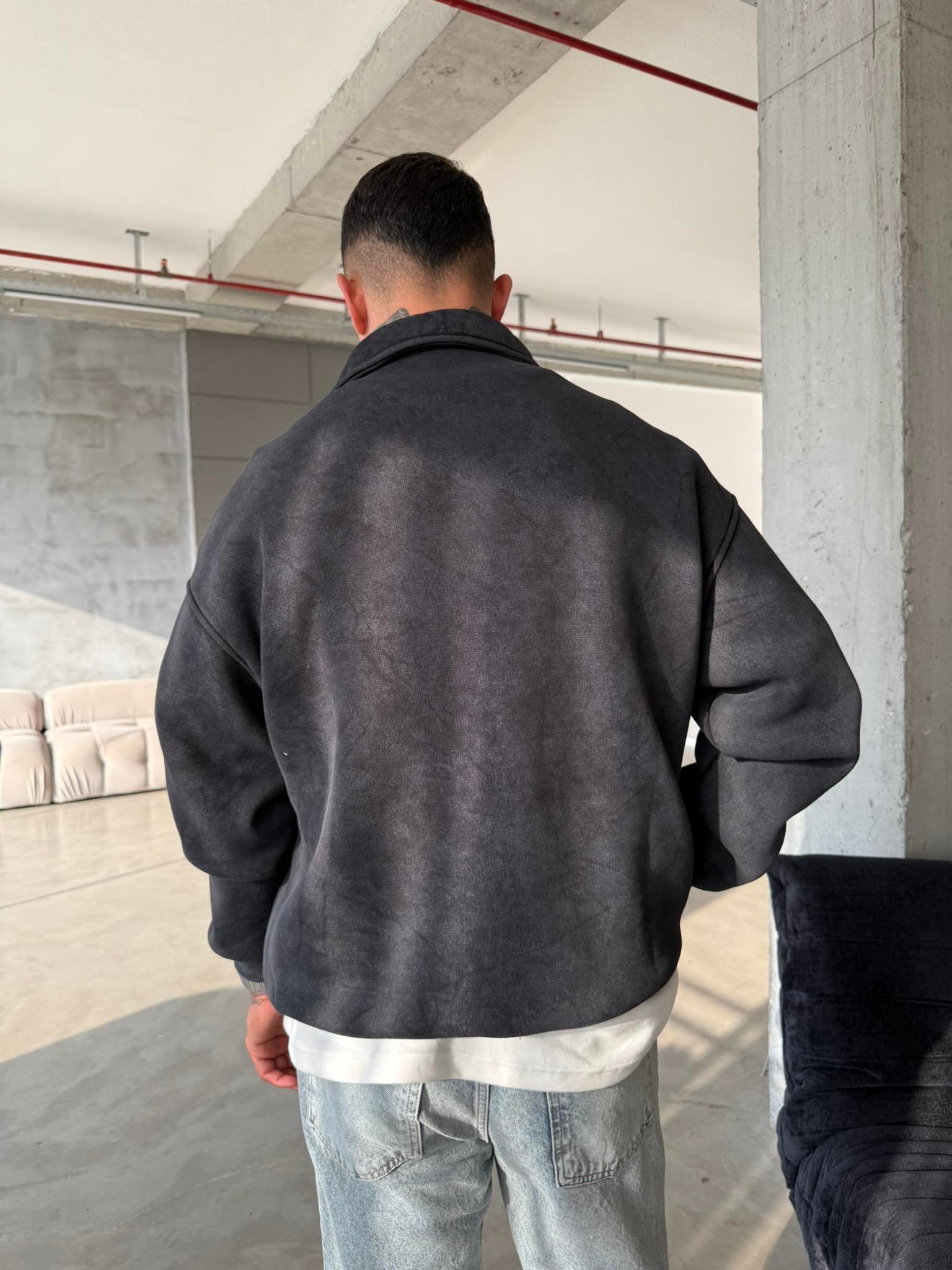 Yıkamalı Yarım Fermuar Young Atelier Sweat - Siyah