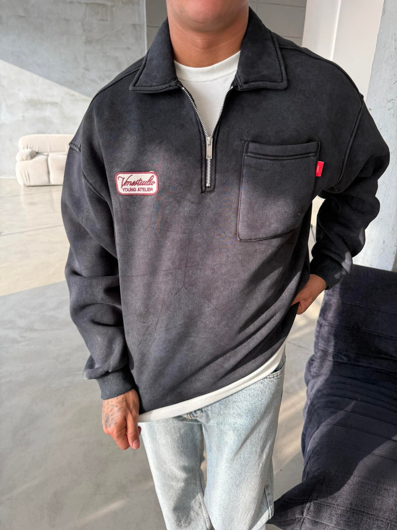 Yıkamalı Yarım Fermuar Young Atelier Sweat - Siyah