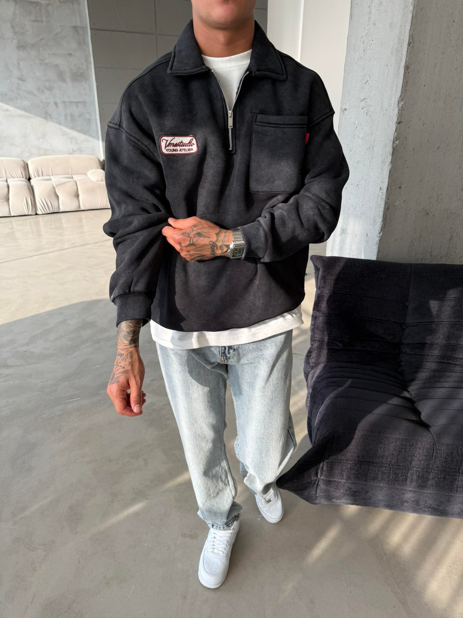 Yıkamalı Yarım Fermuar Young Atelier Sweat - Siyah