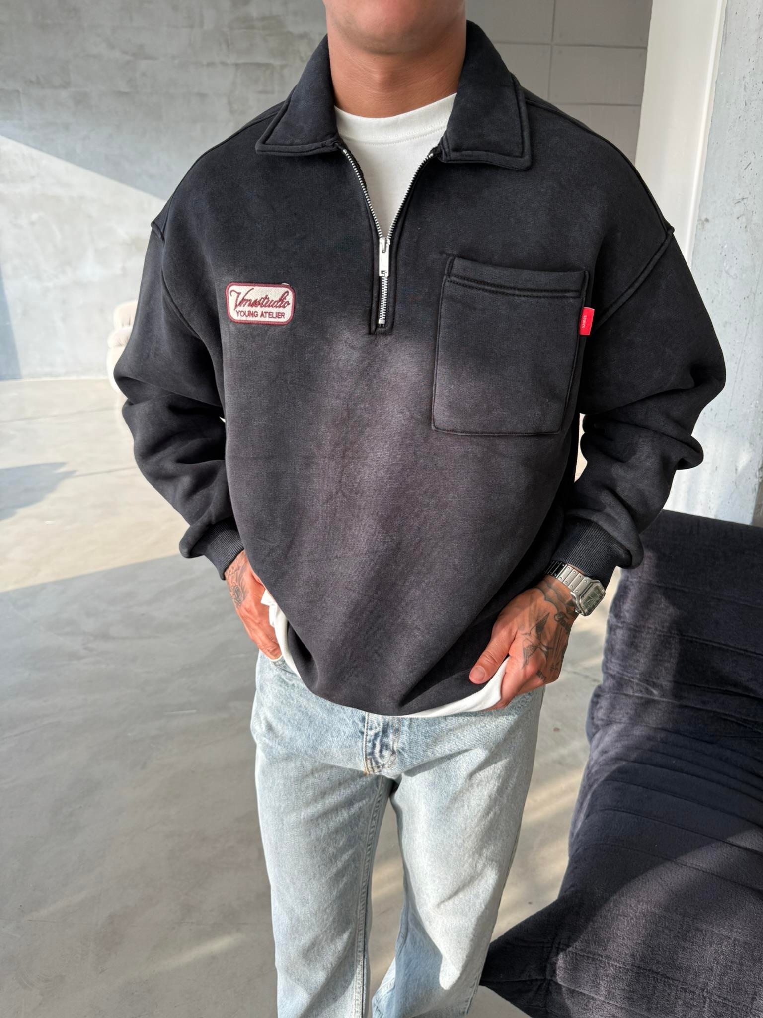 Yıkamalı Yarım Fermuar Young Atelier Sweat - Siyah