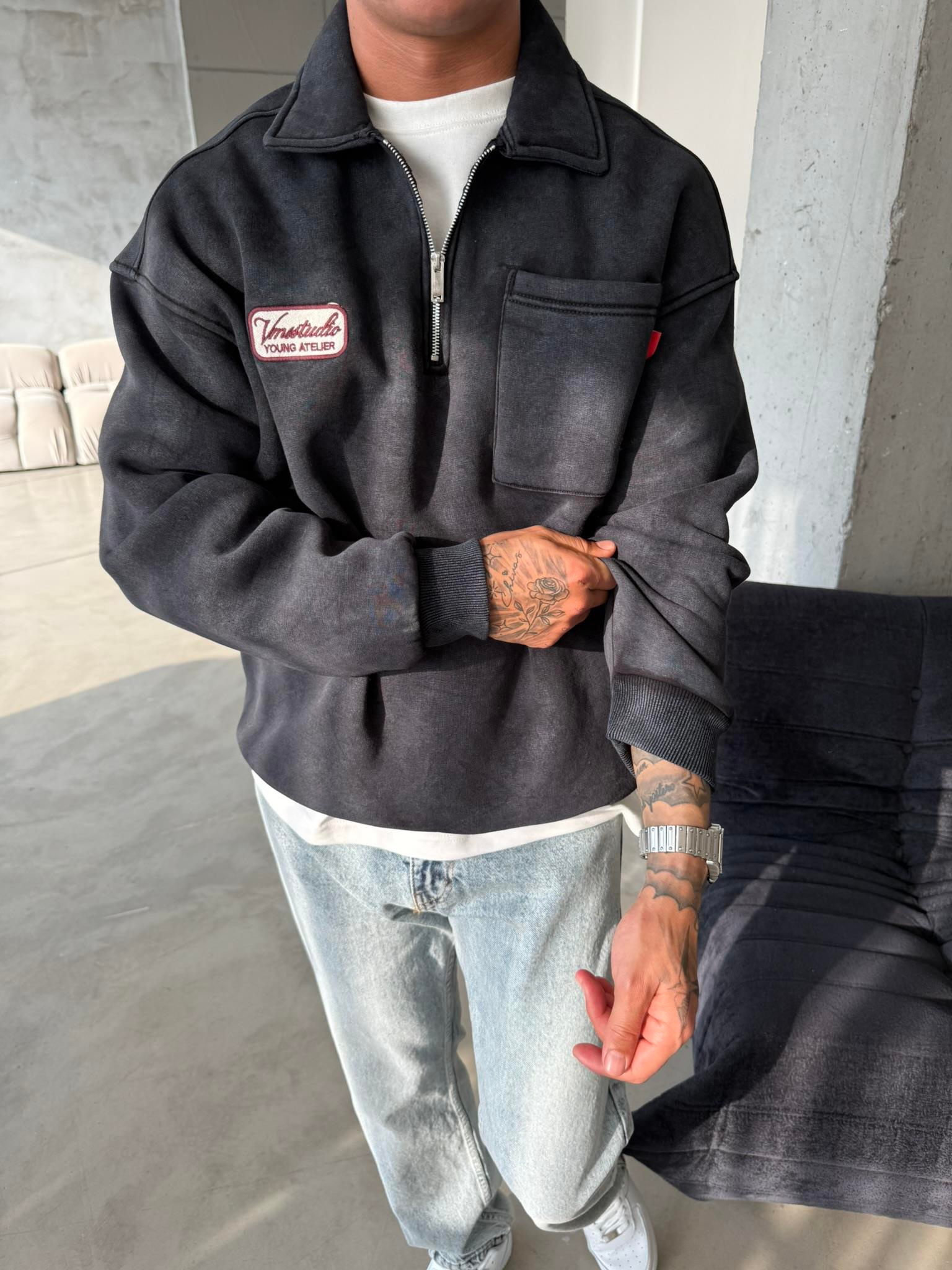 Yıkamalı Yarım Fermuar Young Atelier Sweat - Siyah