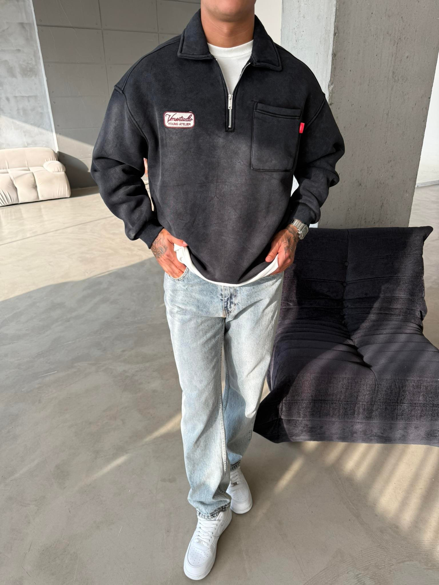 Yıkamalı Yarım Fermuar Young Atelier Sweat - Siyah