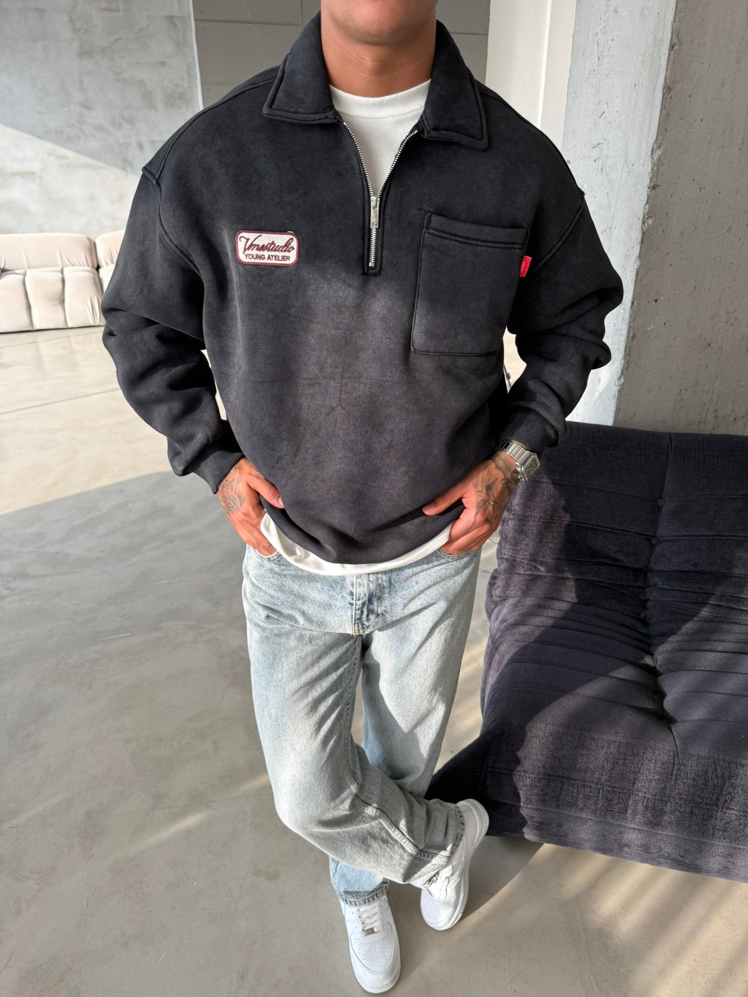 Yıkamalı Yarım Fermuar Young Atelier Sweat - Siyah
