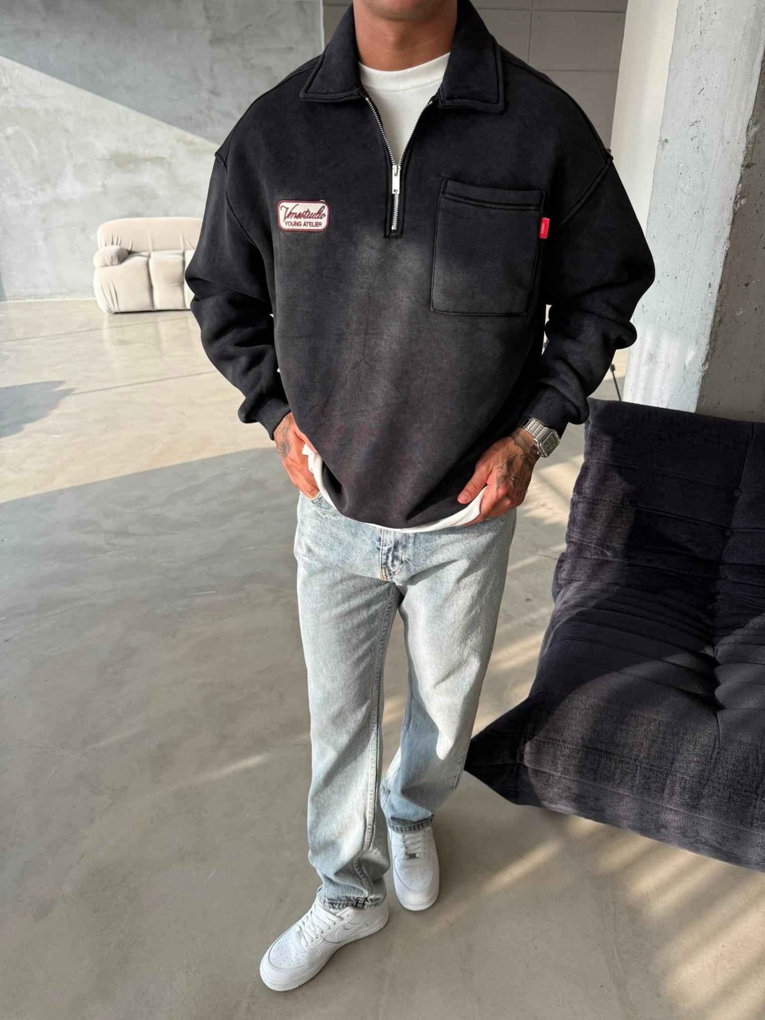 Yıkamalı Yarım Fermuar Young Atelier Sweat - Siyah