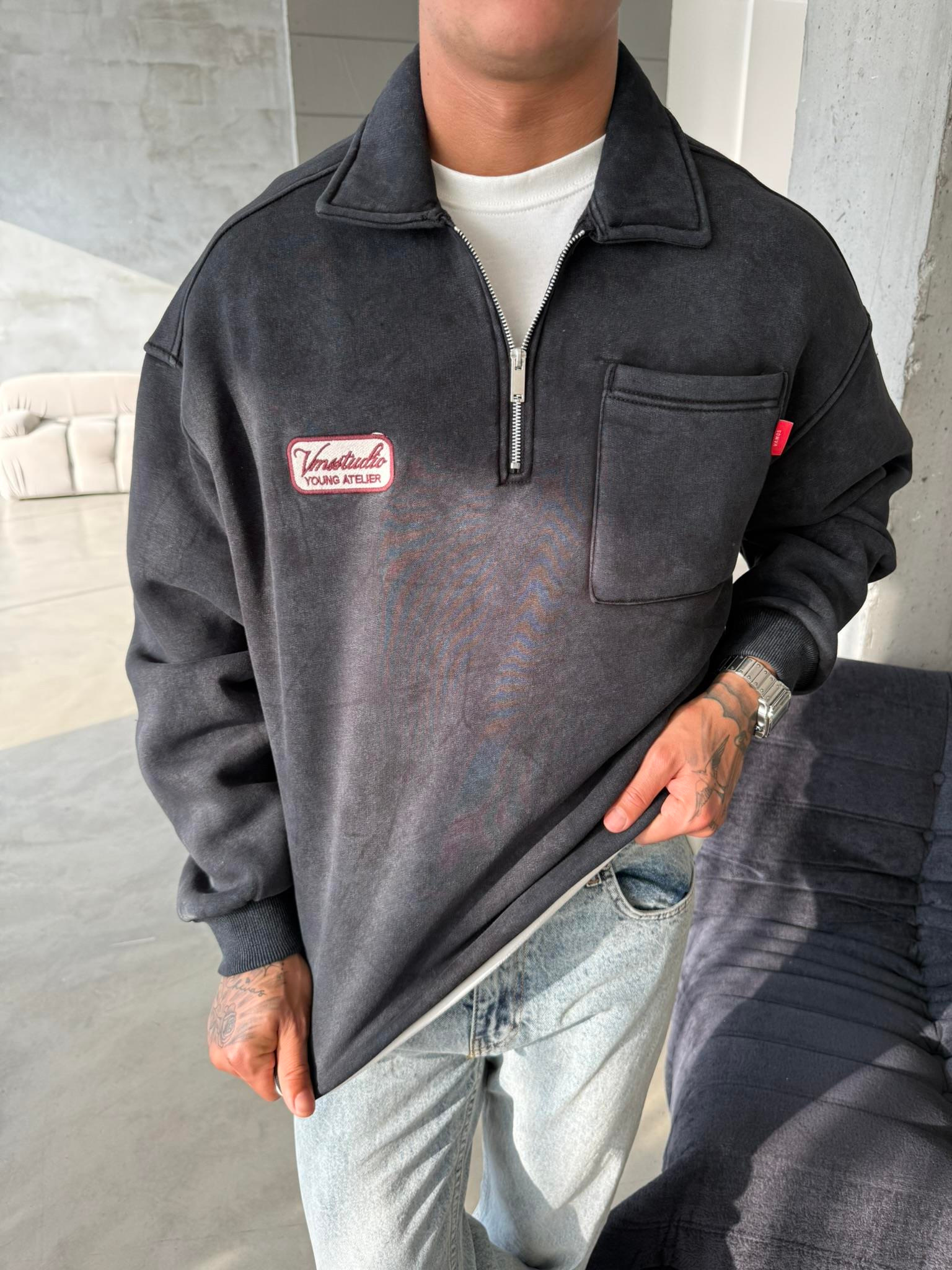 Yıkamalı Yarım Fermuar Young Atelier Sweat - Siyah