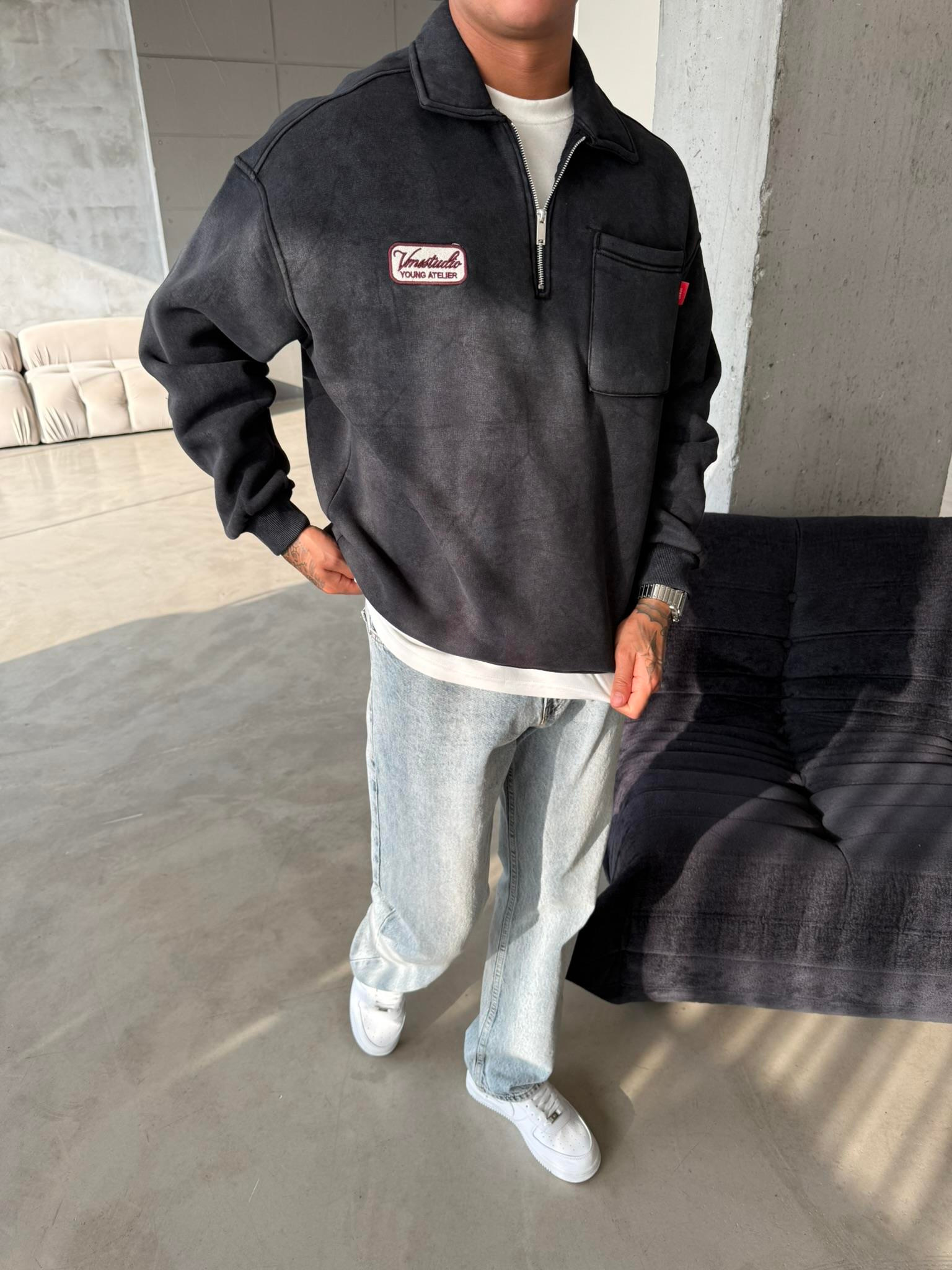Yıkamalı Yarım Fermuar Young Atelier Sweat - Siyah