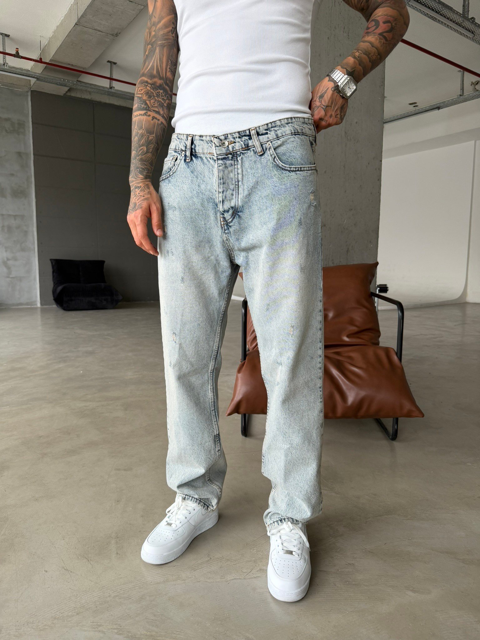 Yırtık Detaylı Baggy Fit Pantolon - Mavi