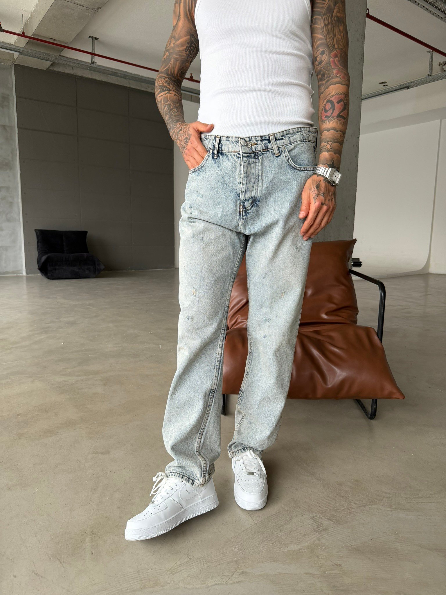 Yırtık Detaylı Baggy Fit Pantolon - Mavi