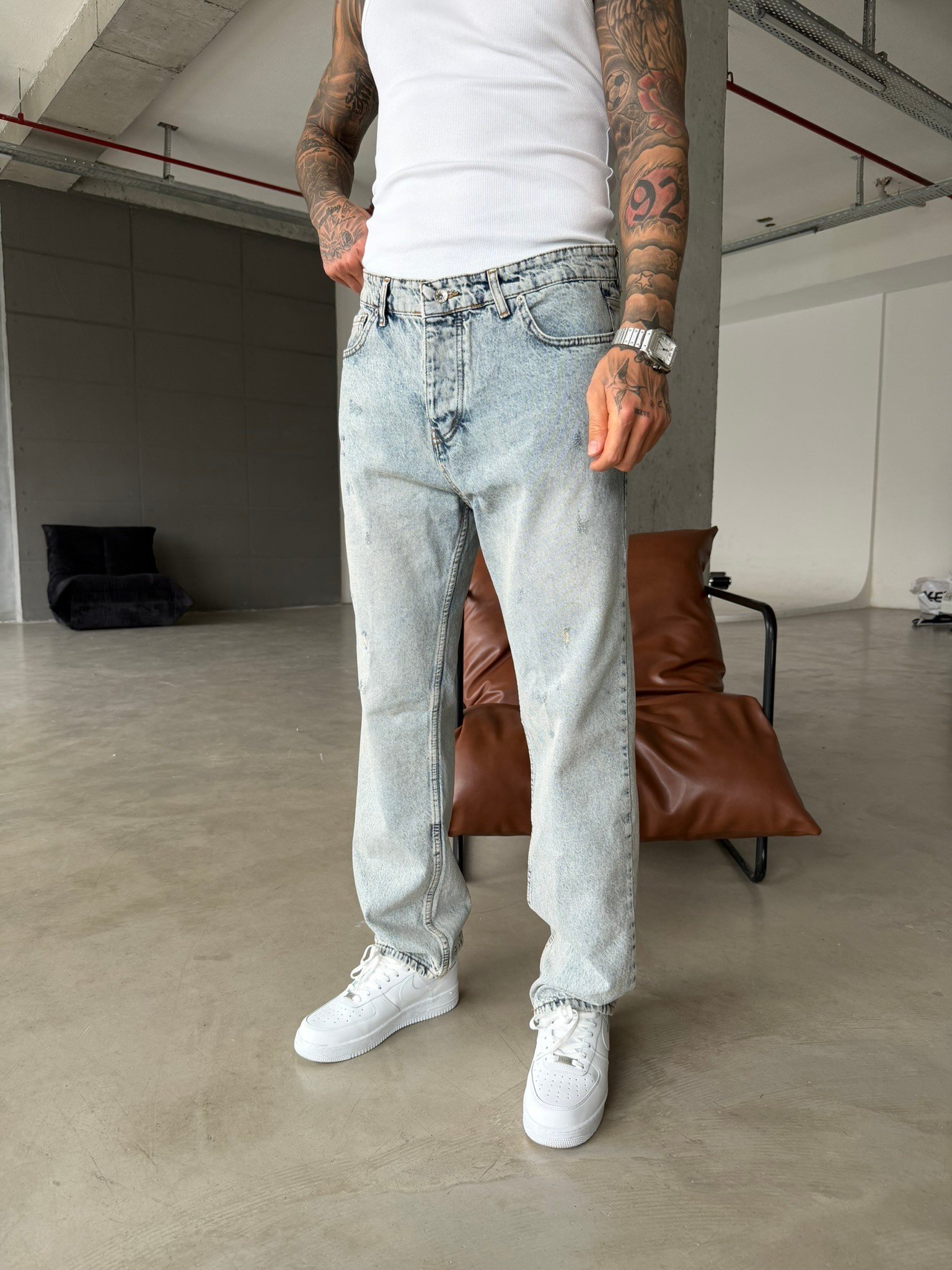 Yırtık Detaylı Baggy Fit Pantolon - Mavi