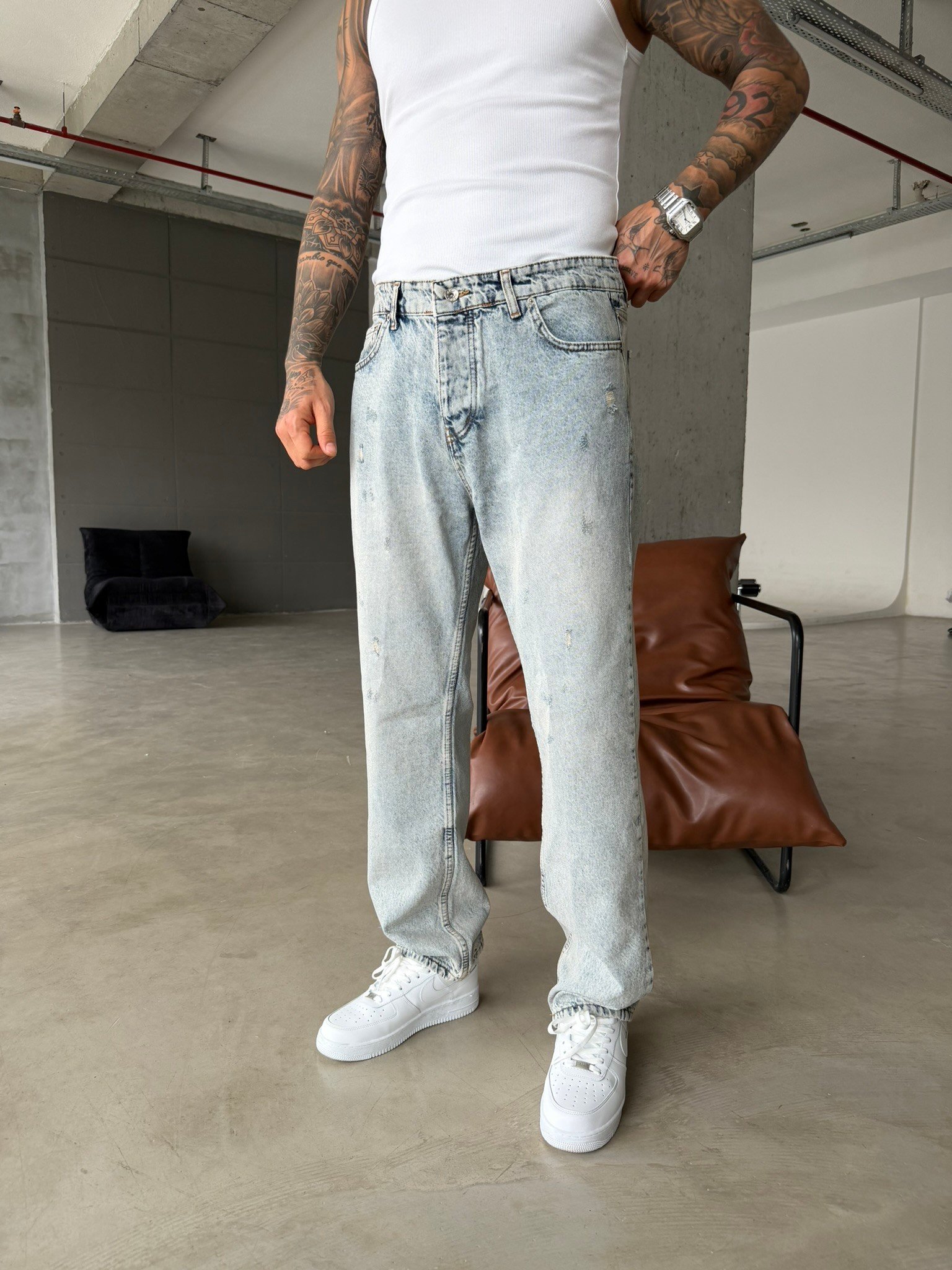 Yırtık Detaylı Baggy Fit Pantolon - Mavi