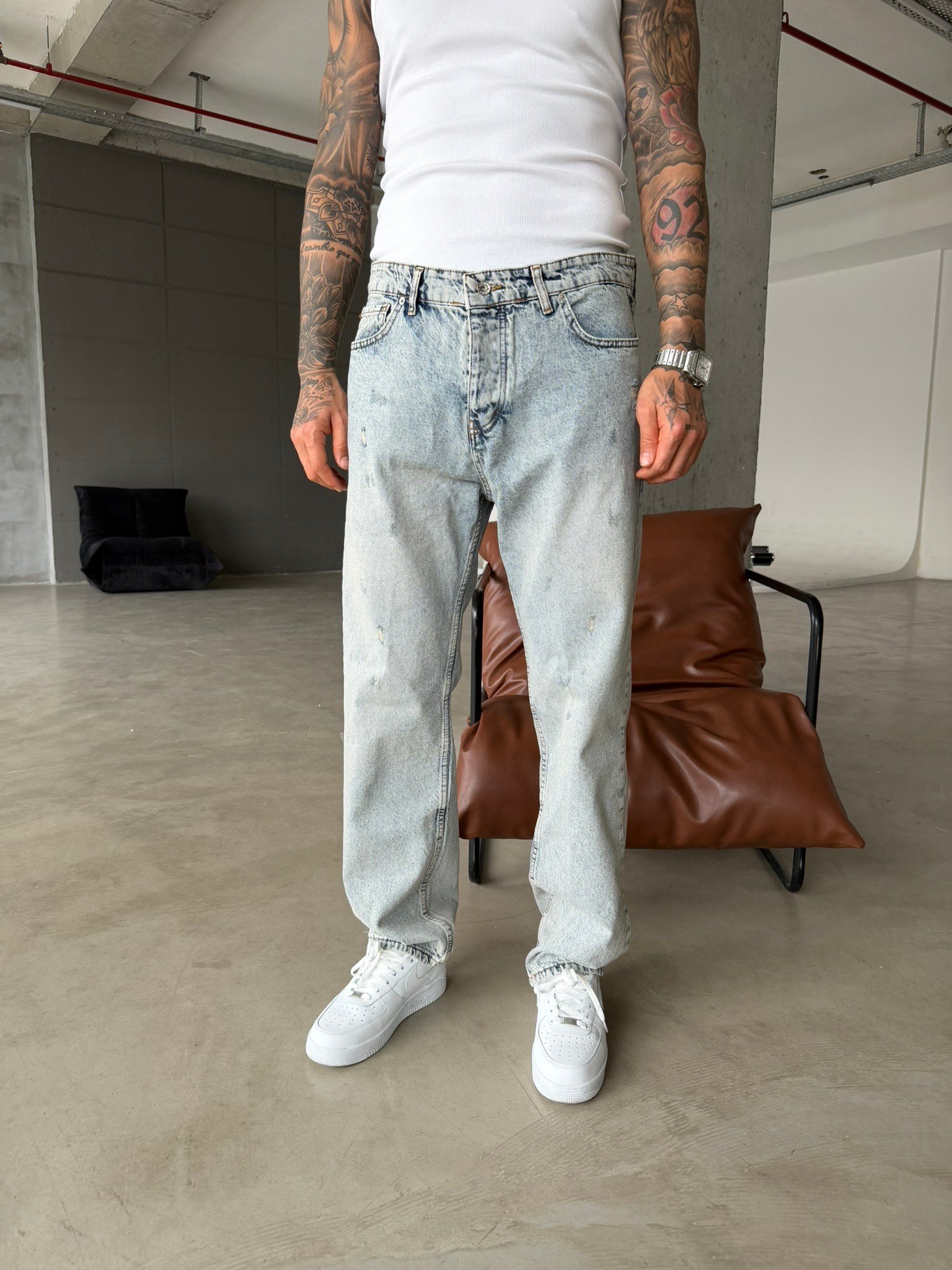 Yırtık Detaylı Baggy Fit Pantolon - Mavi