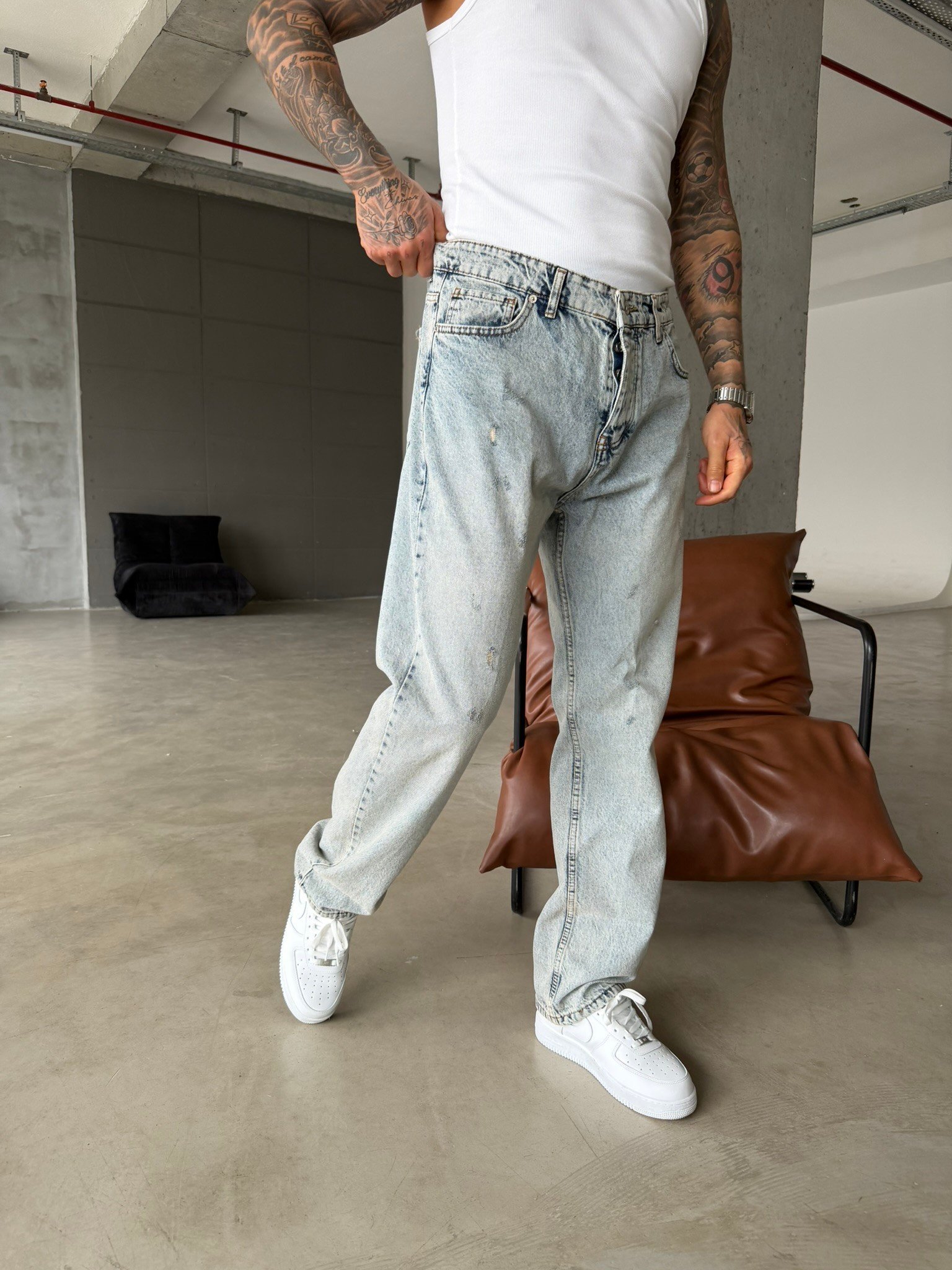 Yırtık Detaylı Baggy Fit Pantolon - Mavi