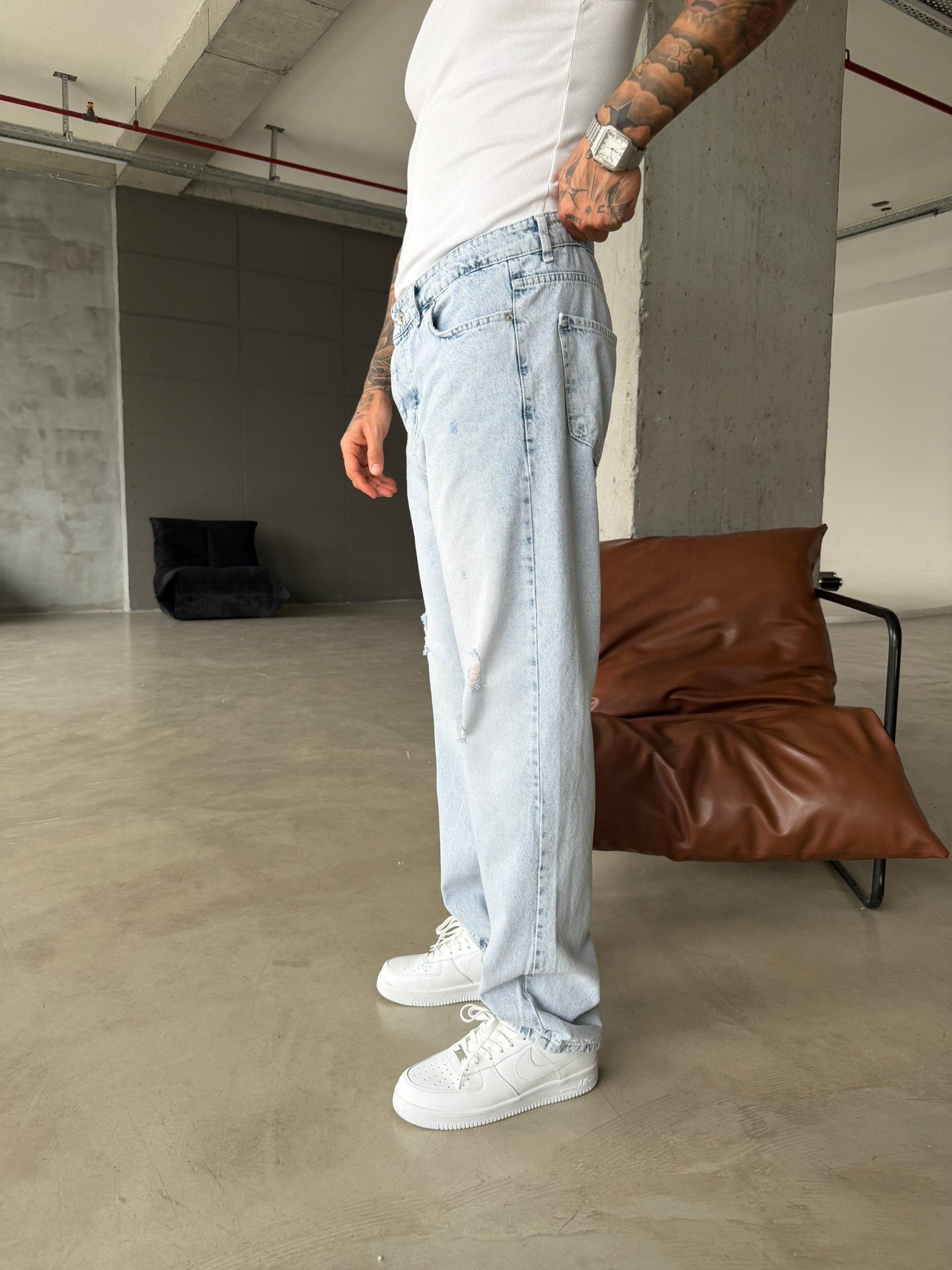 Yırtık Detaylı Baggy Pantolon - Buz Mavi