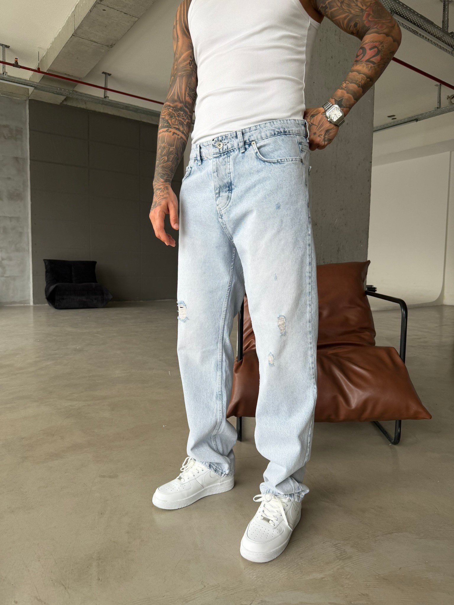 Yırtık Detaylı Baggy Pantolon - Buz Mavi