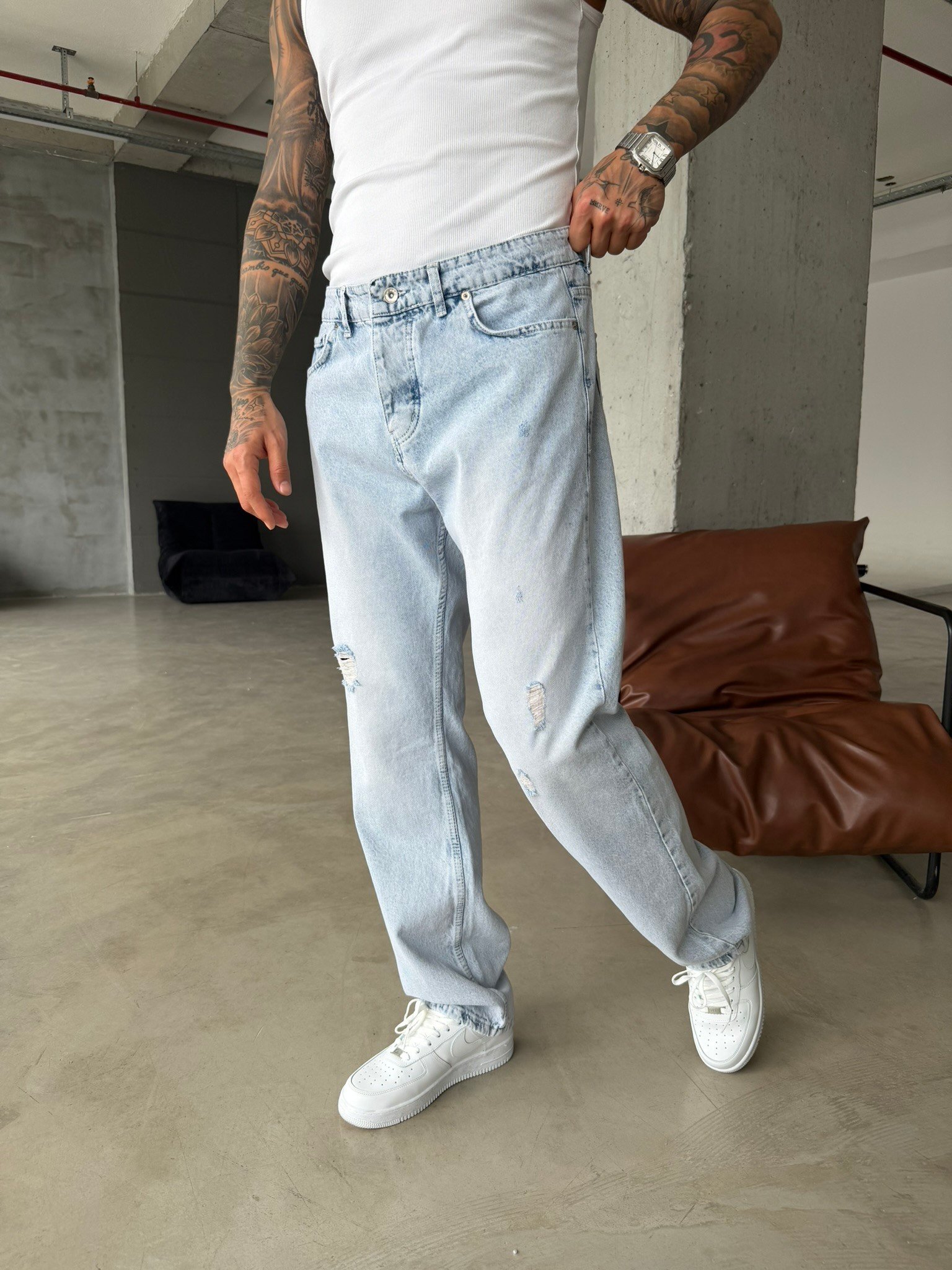 Yırtık Detaylı Baggy Pantolon - Buz Mavi