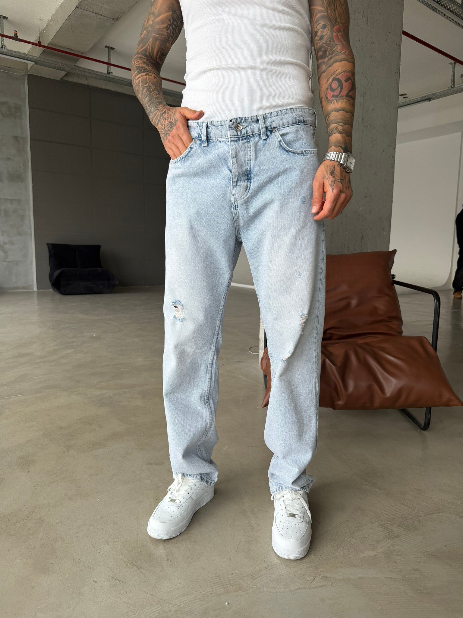 Yırtık Detaylı Baggy Pantolon - Buz Mavi