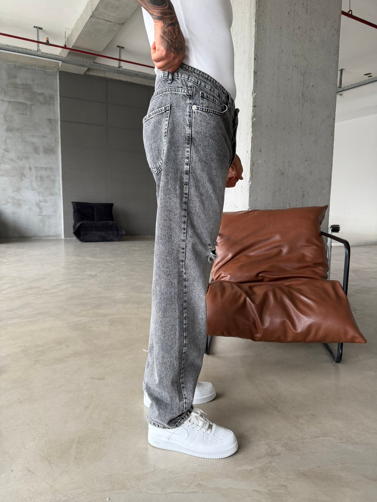 Yırtık Detaylı Baggy Pantolon - Gri