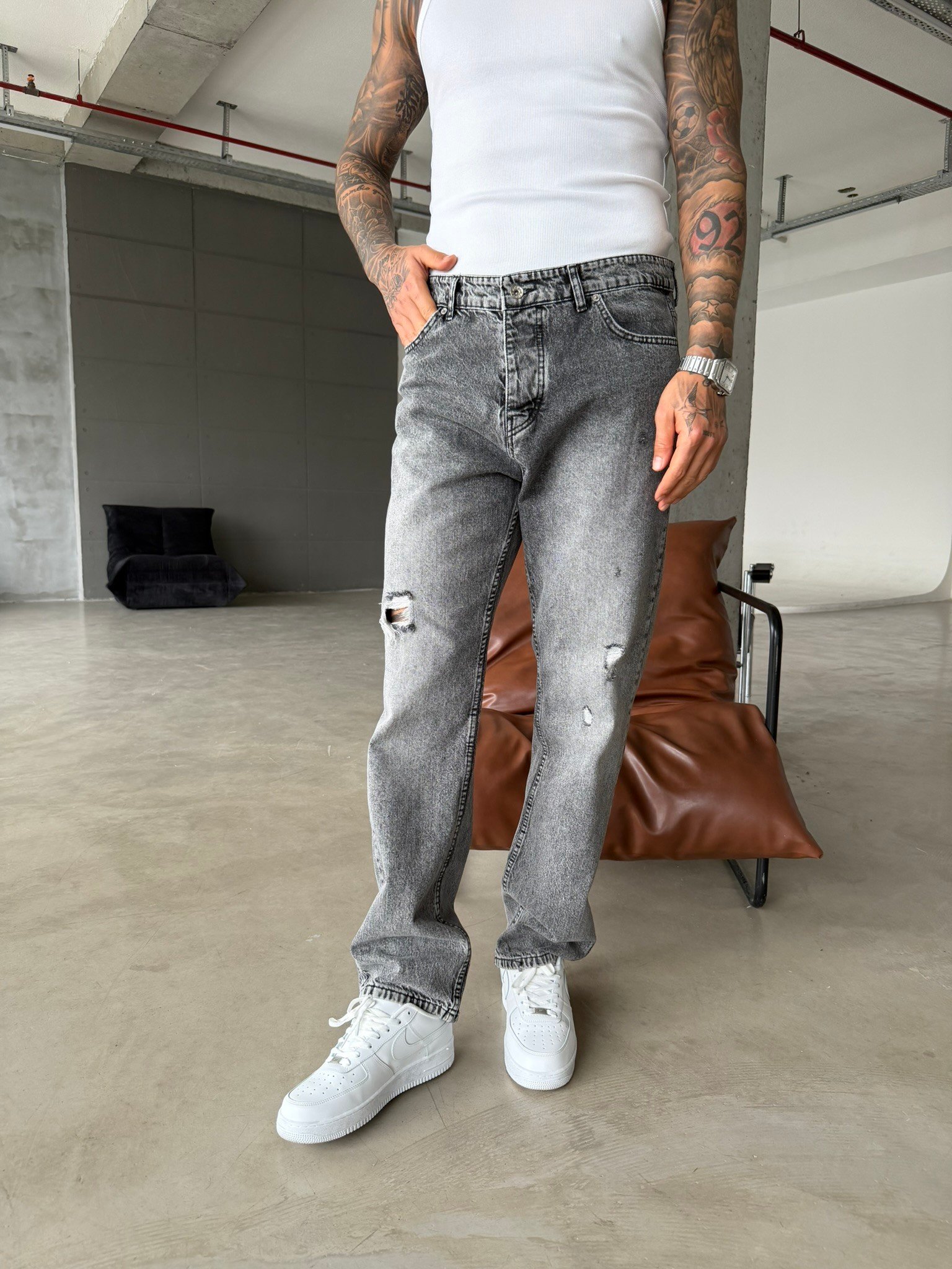 Yırtık Detaylı Baggy Pantolon - Gri