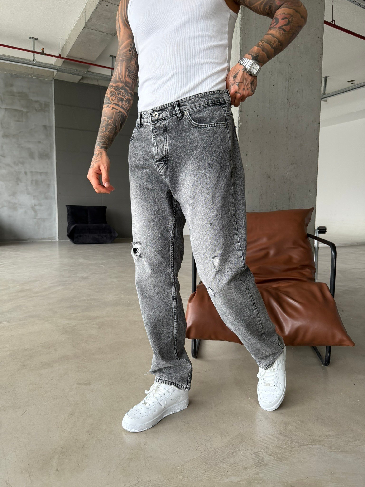 Yırtık Detaylı Baggy Pantolon - Gri