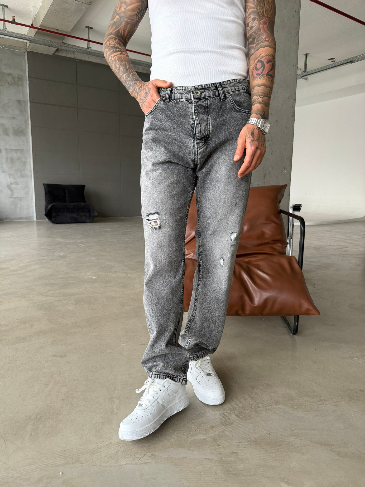 Yırtık Detaylı Baggy Pantolon - Gri