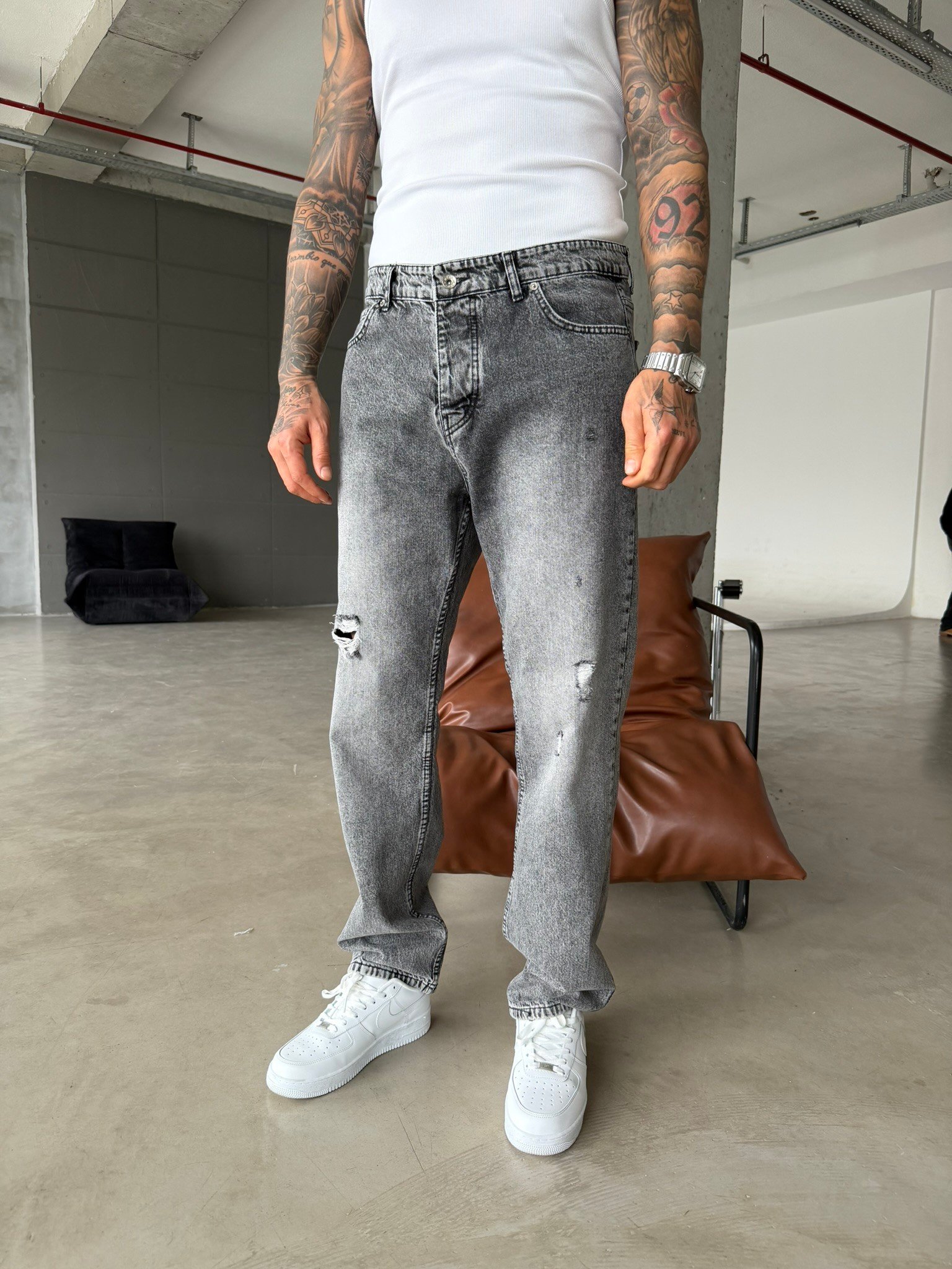 Yırtık Detaylı Baggy Pantolon - Gri