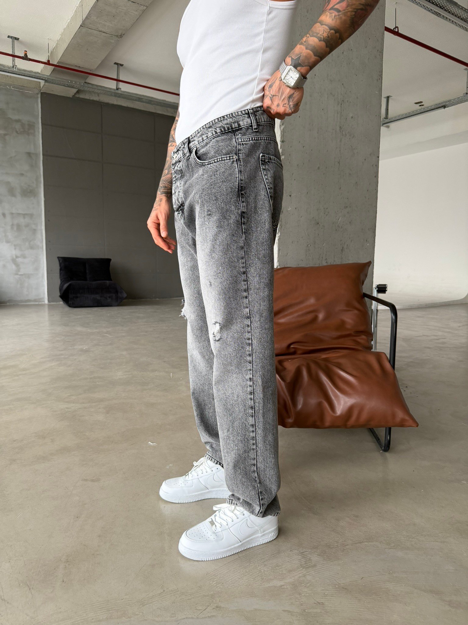 Yırtık Detaylı Baggy Pantolon - Gri