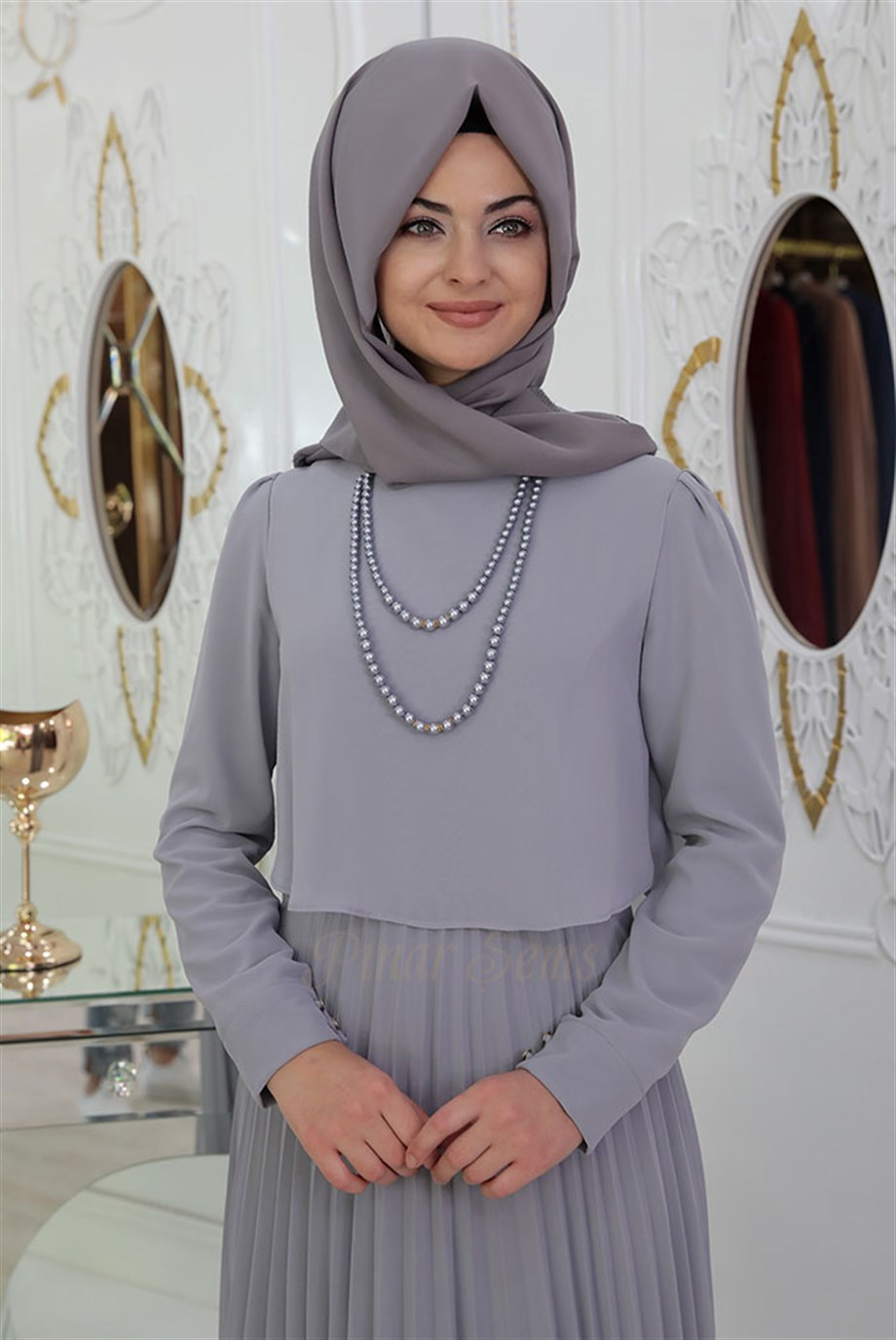 Pınar Şems İnci Piliseli Elbise Gri