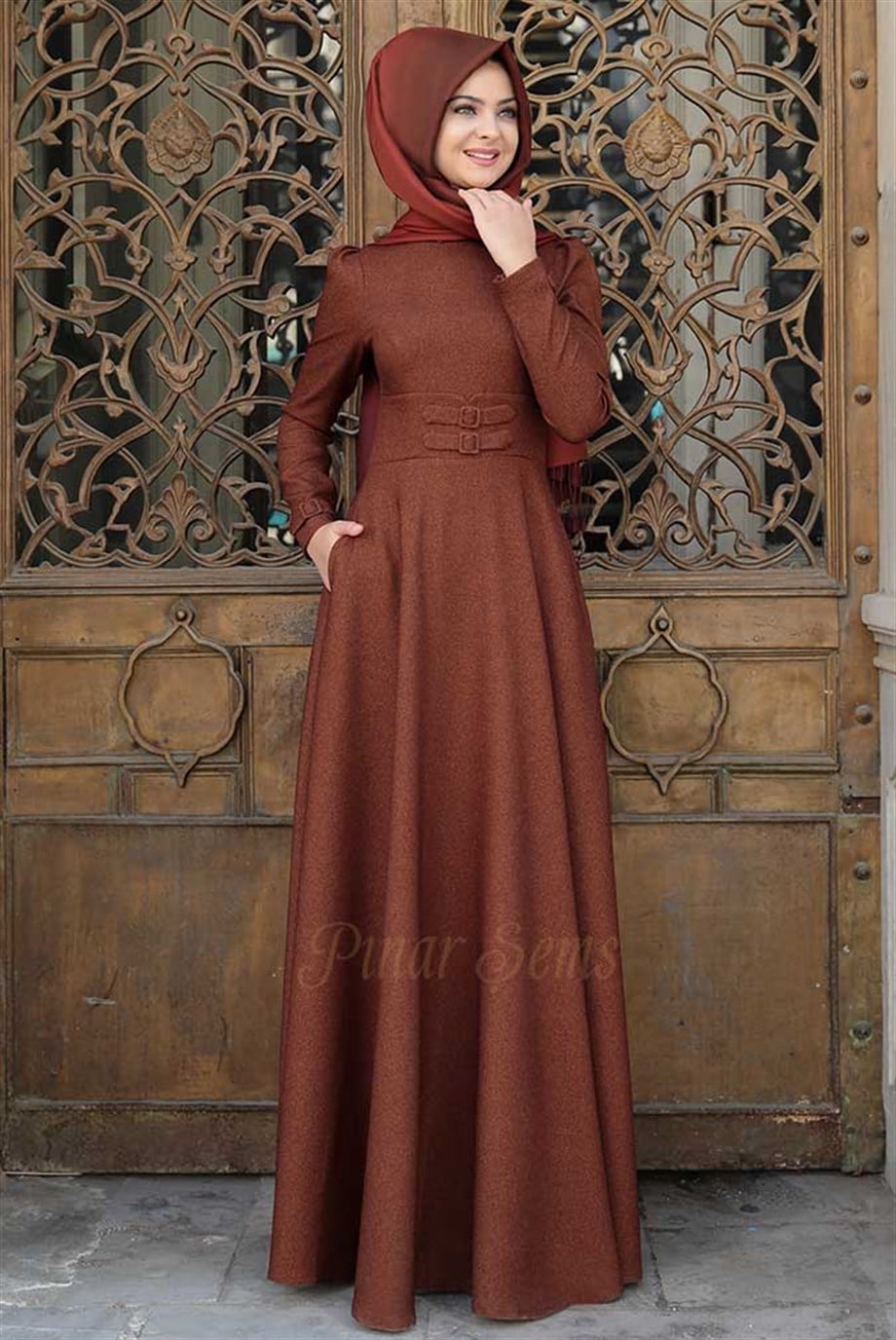 Pınar Şems Korsajlı Elbise Taba