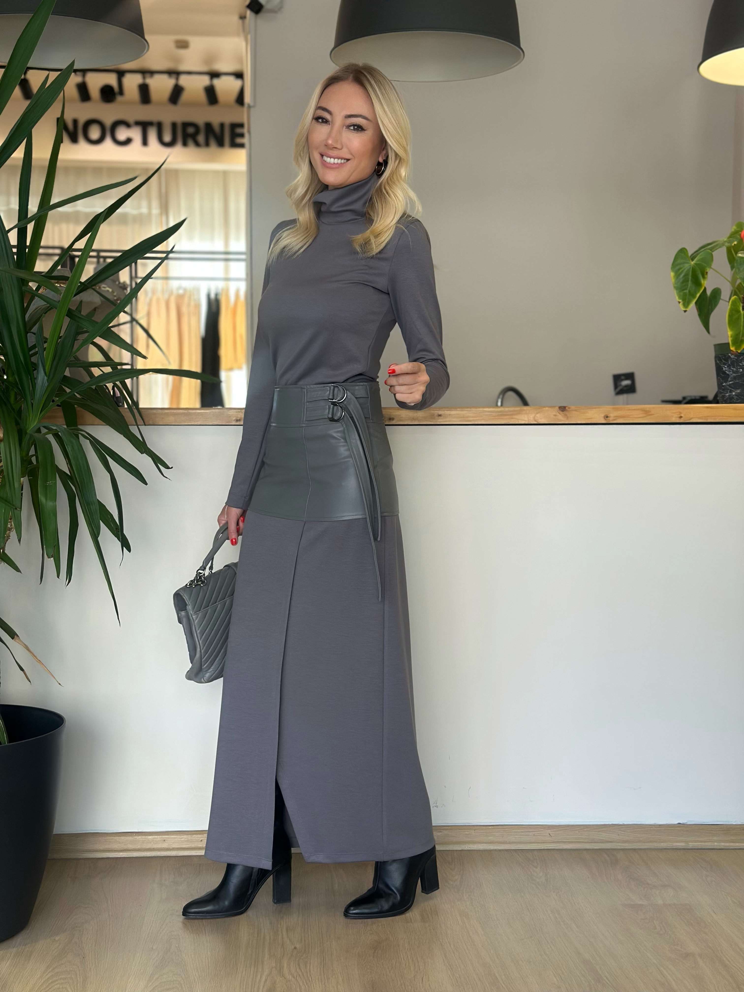 BGN Workshop Gri Deri Detaylı Etek Askı0046