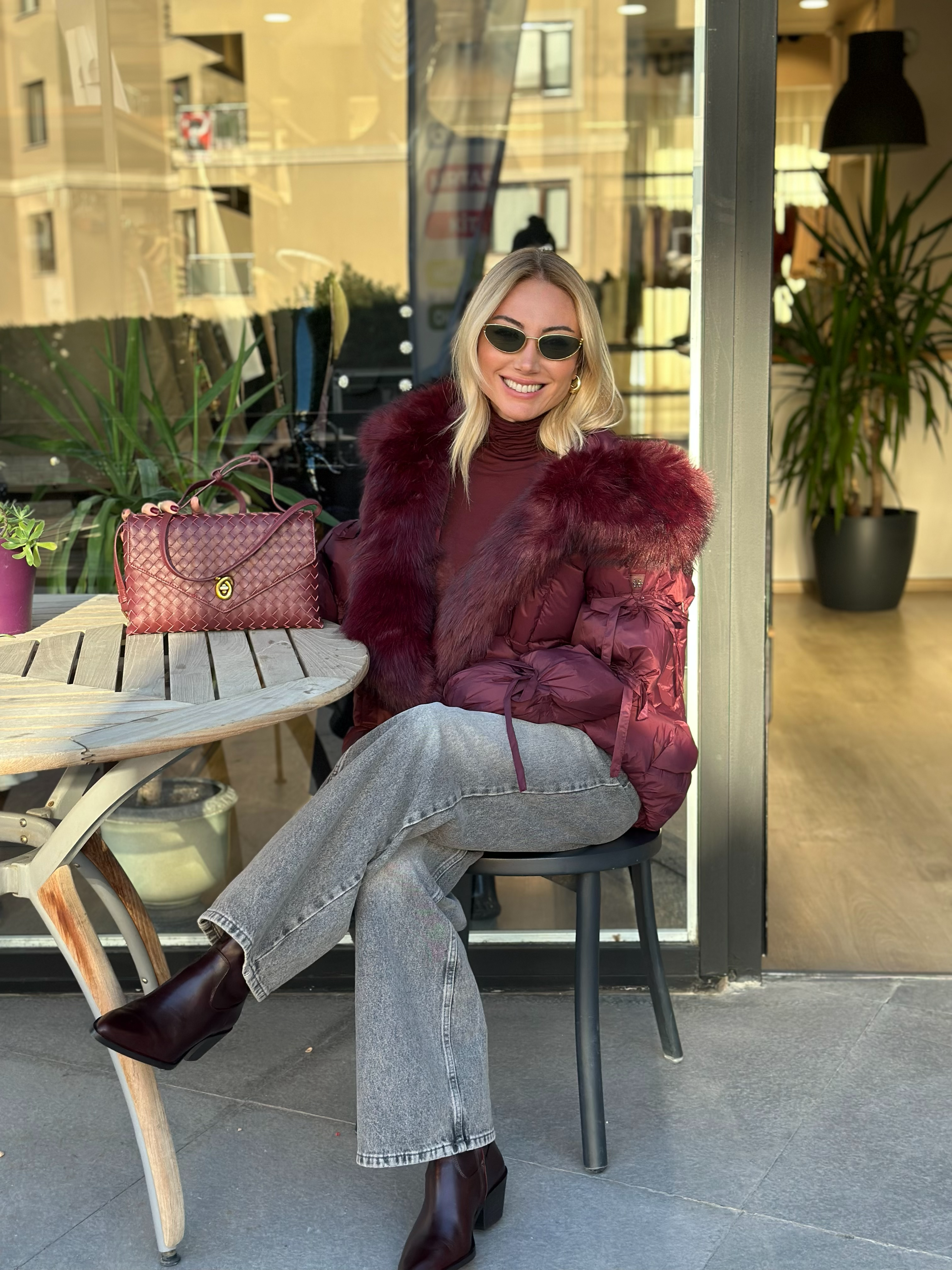 Bordo Kürk Detaylı Mont Askı00244