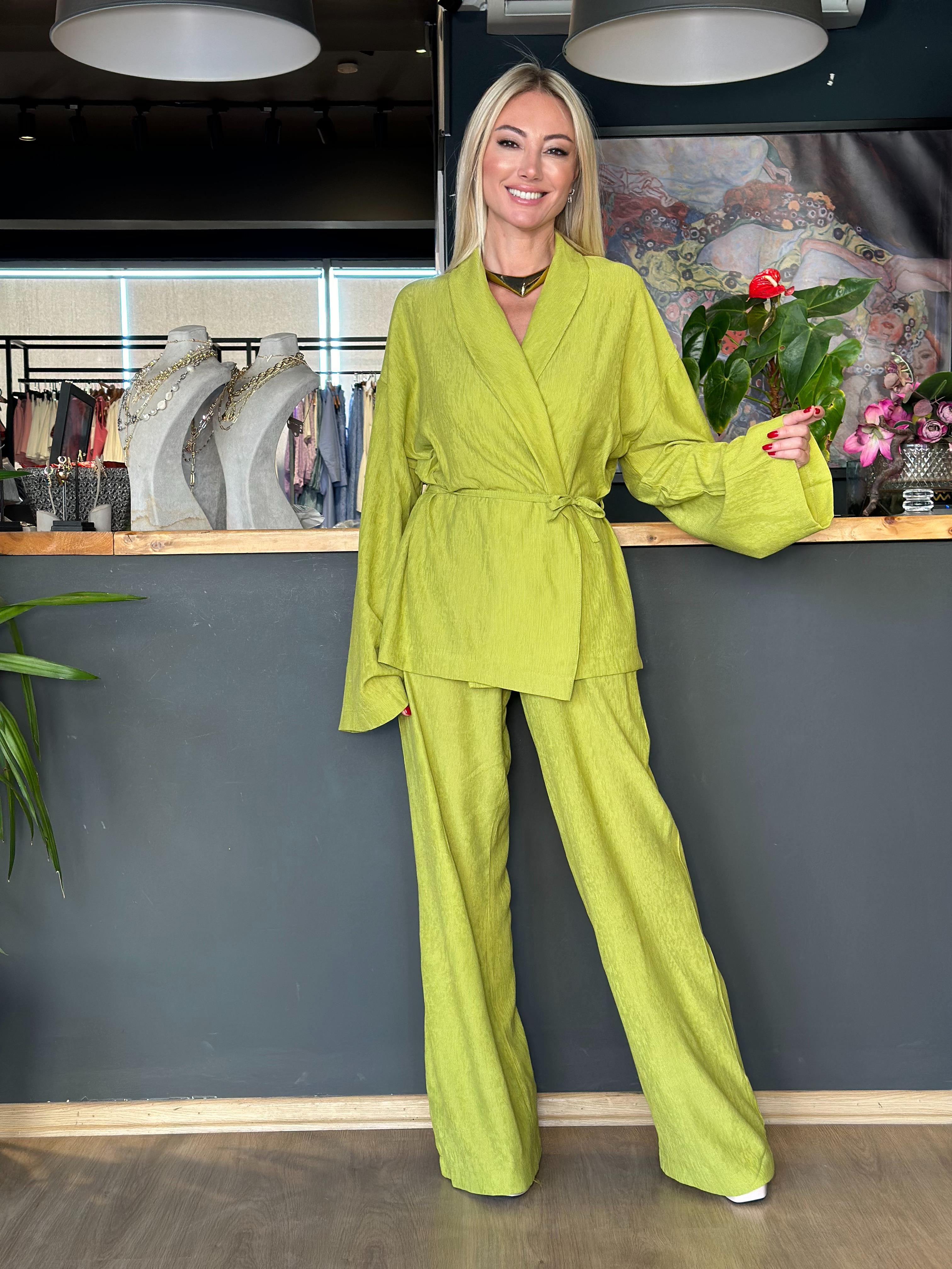 Fıstık Yeşili Şal Yaka Kimono Takım