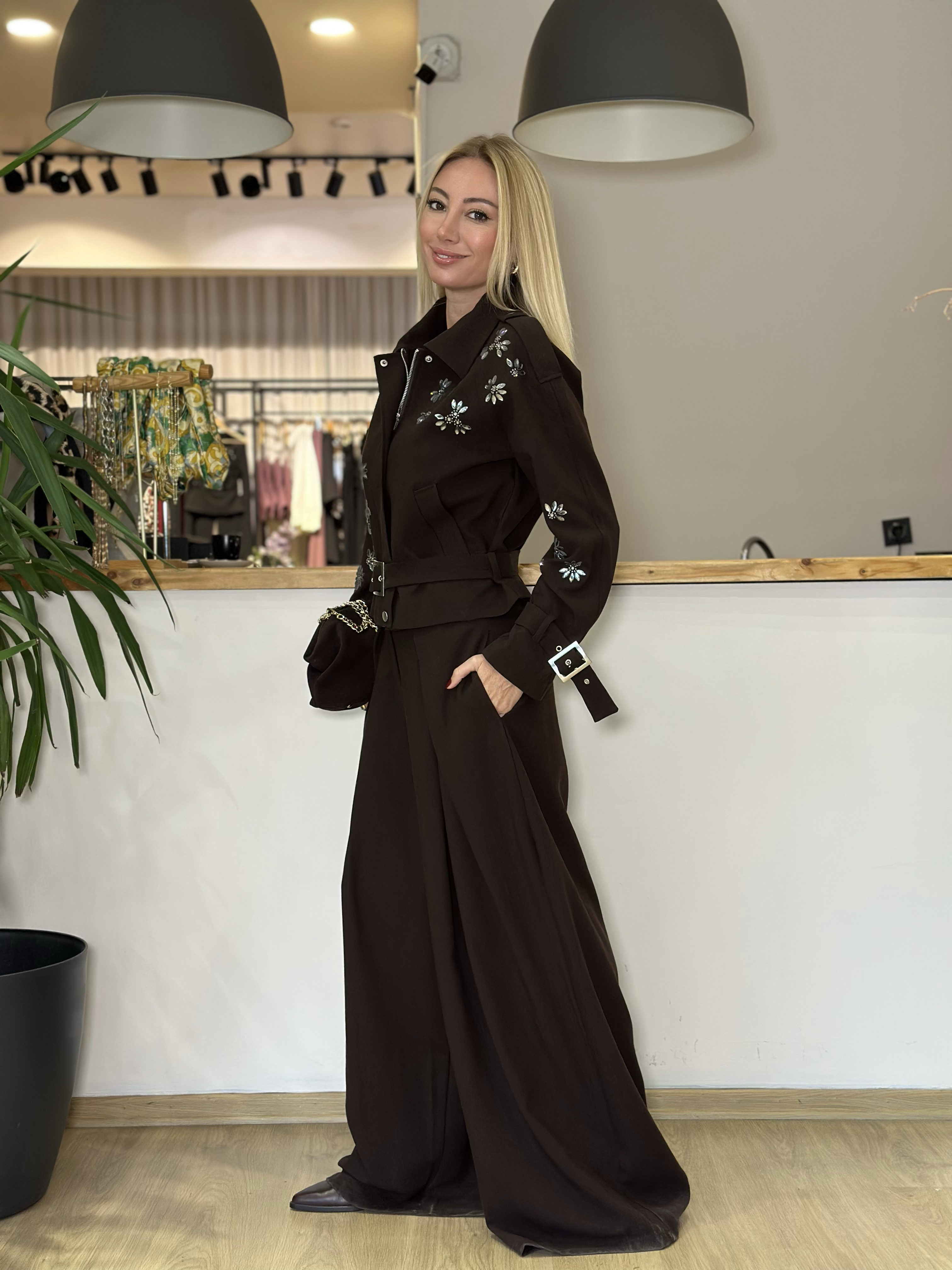 Flower Kahve Taş Detaylı Takım Askı00412