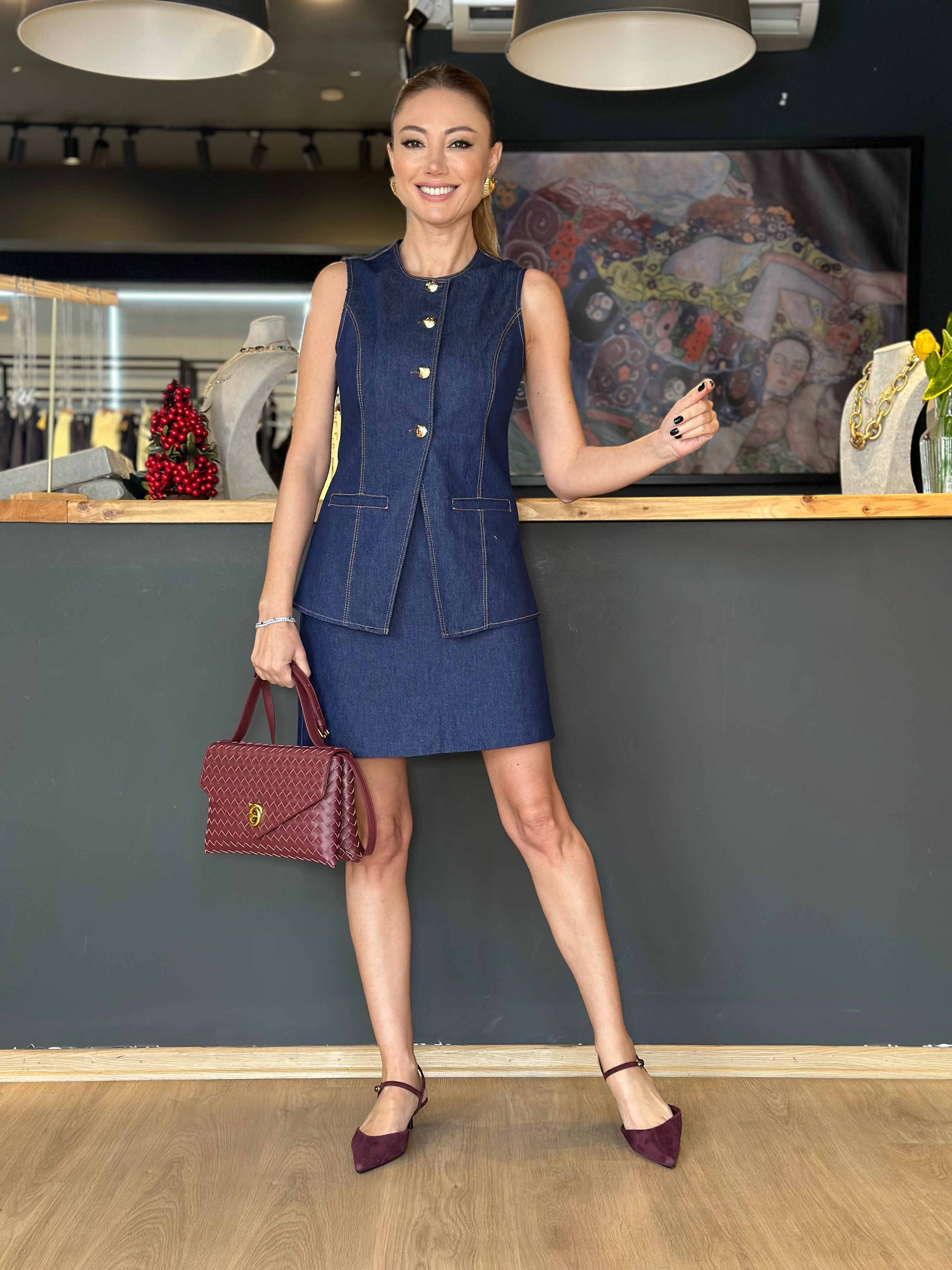 Gold Düğme Detaylı Denim Yelek