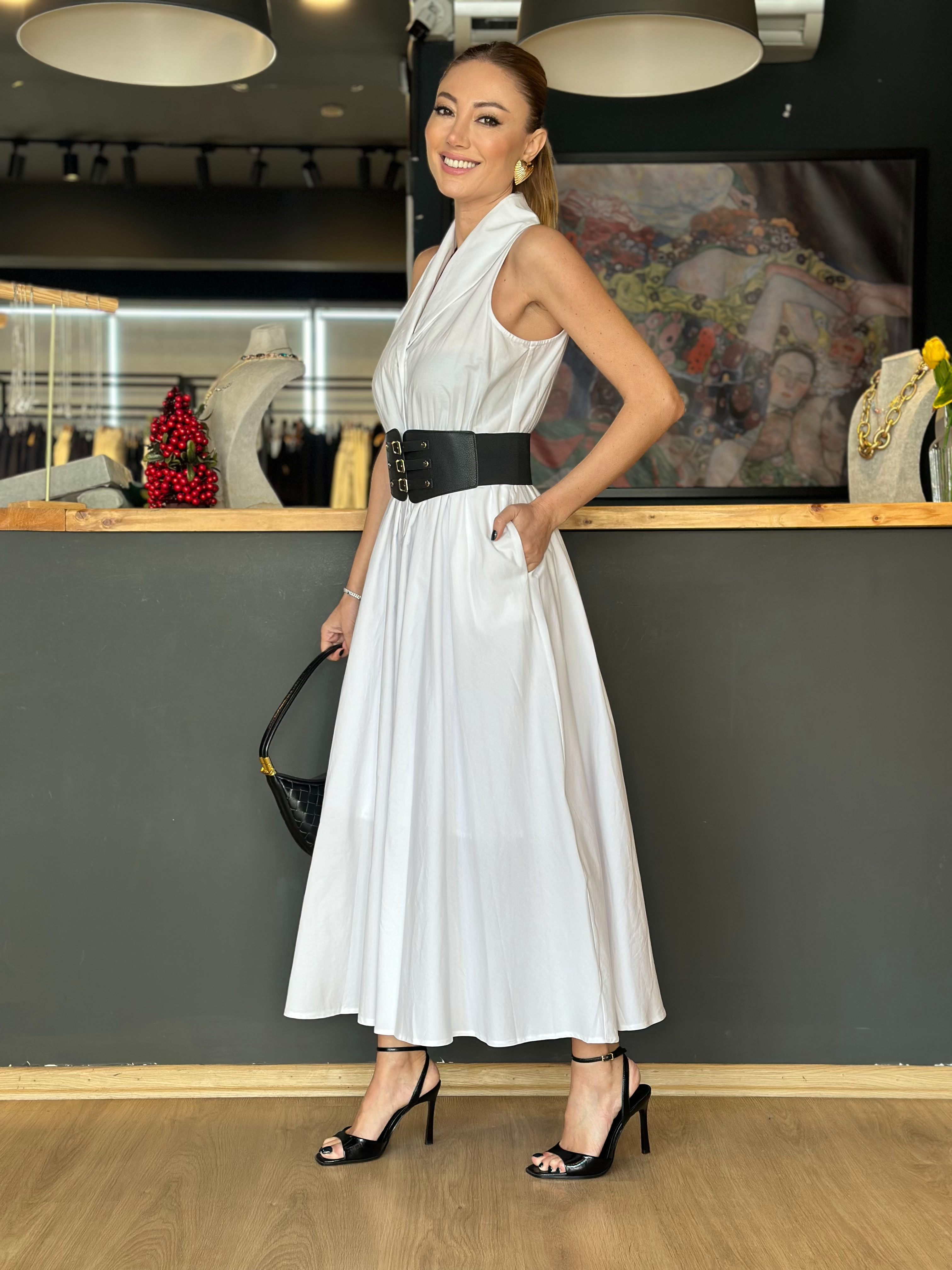 Kemerli Poplin Midi Elbise