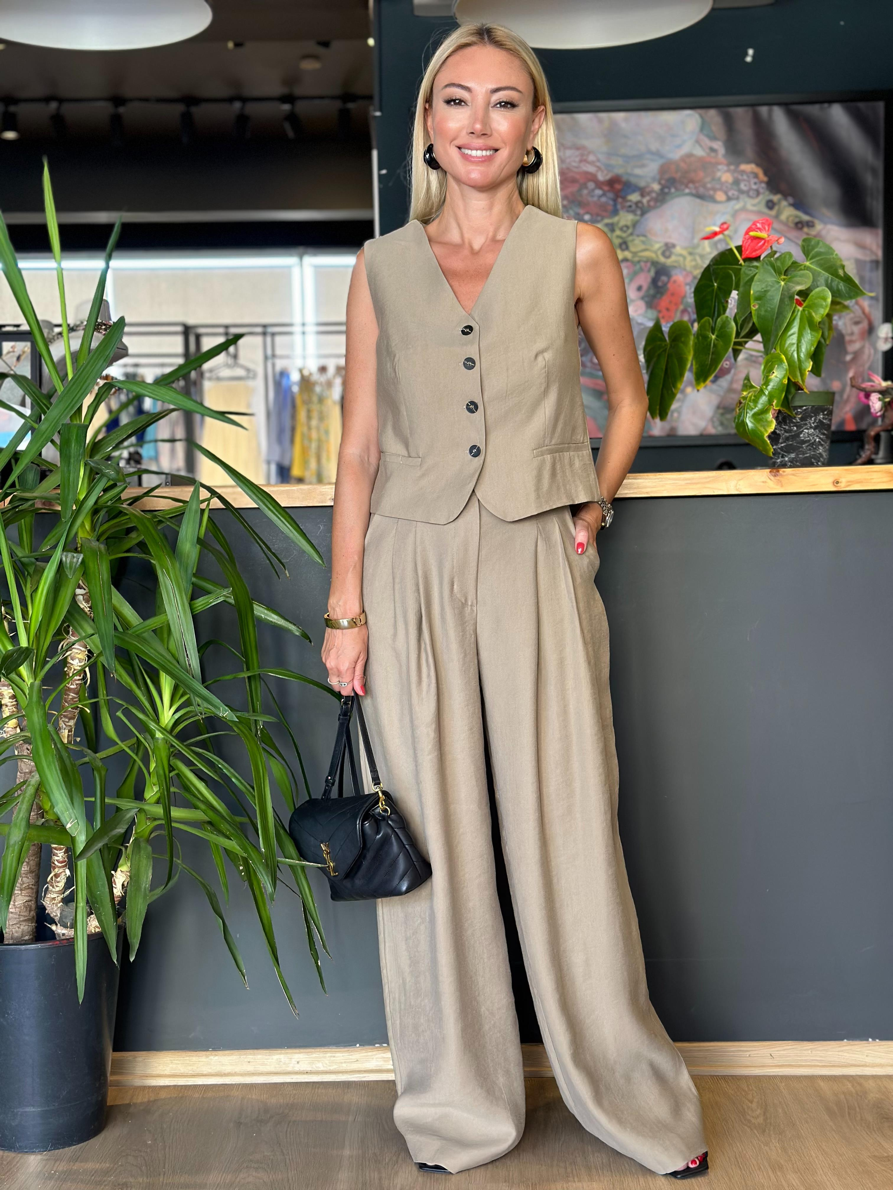 Keten Camel Yelekli Takım