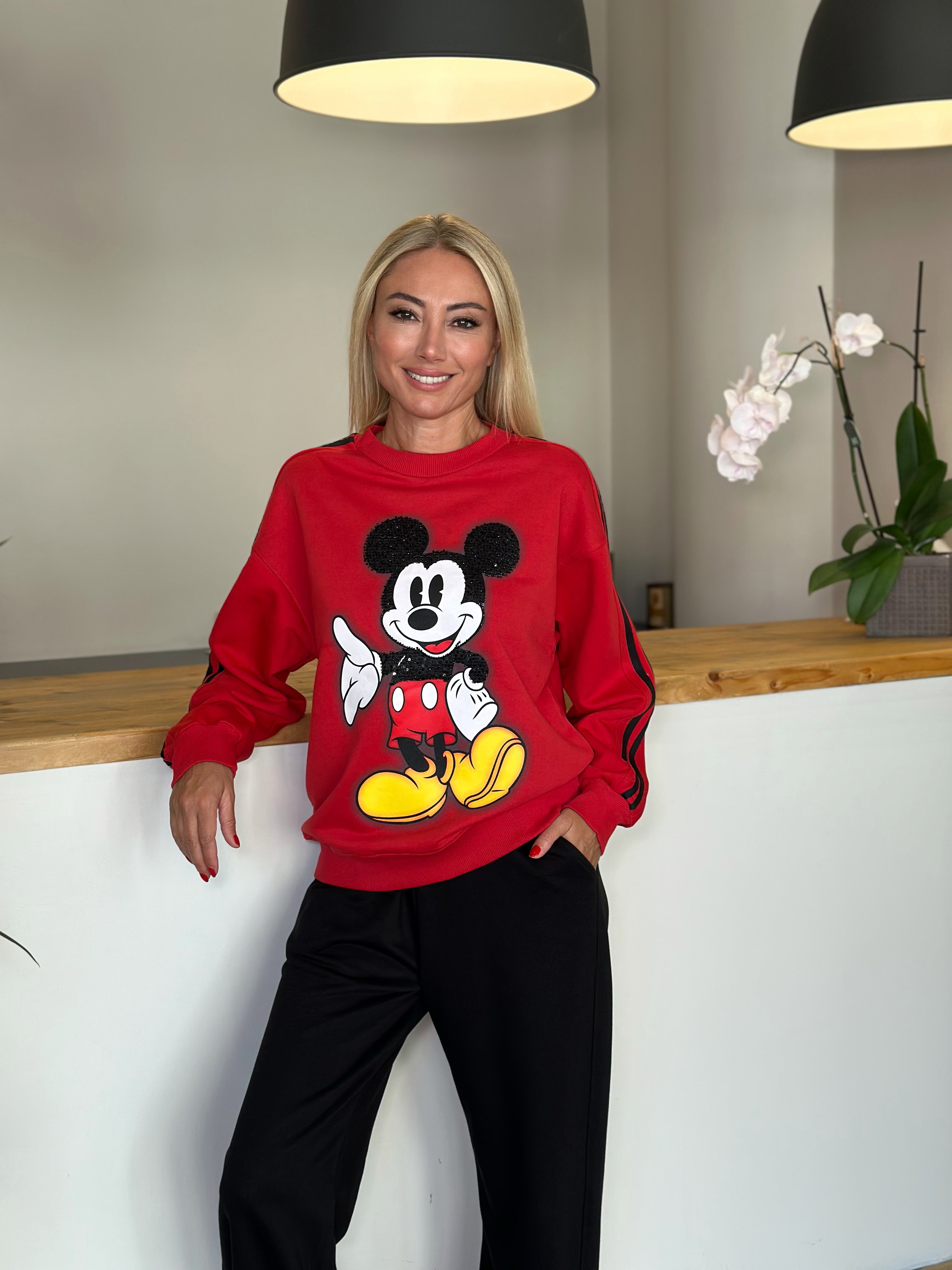 Kırmızı Siyah Şeritli Mickey Sweat Askı00295