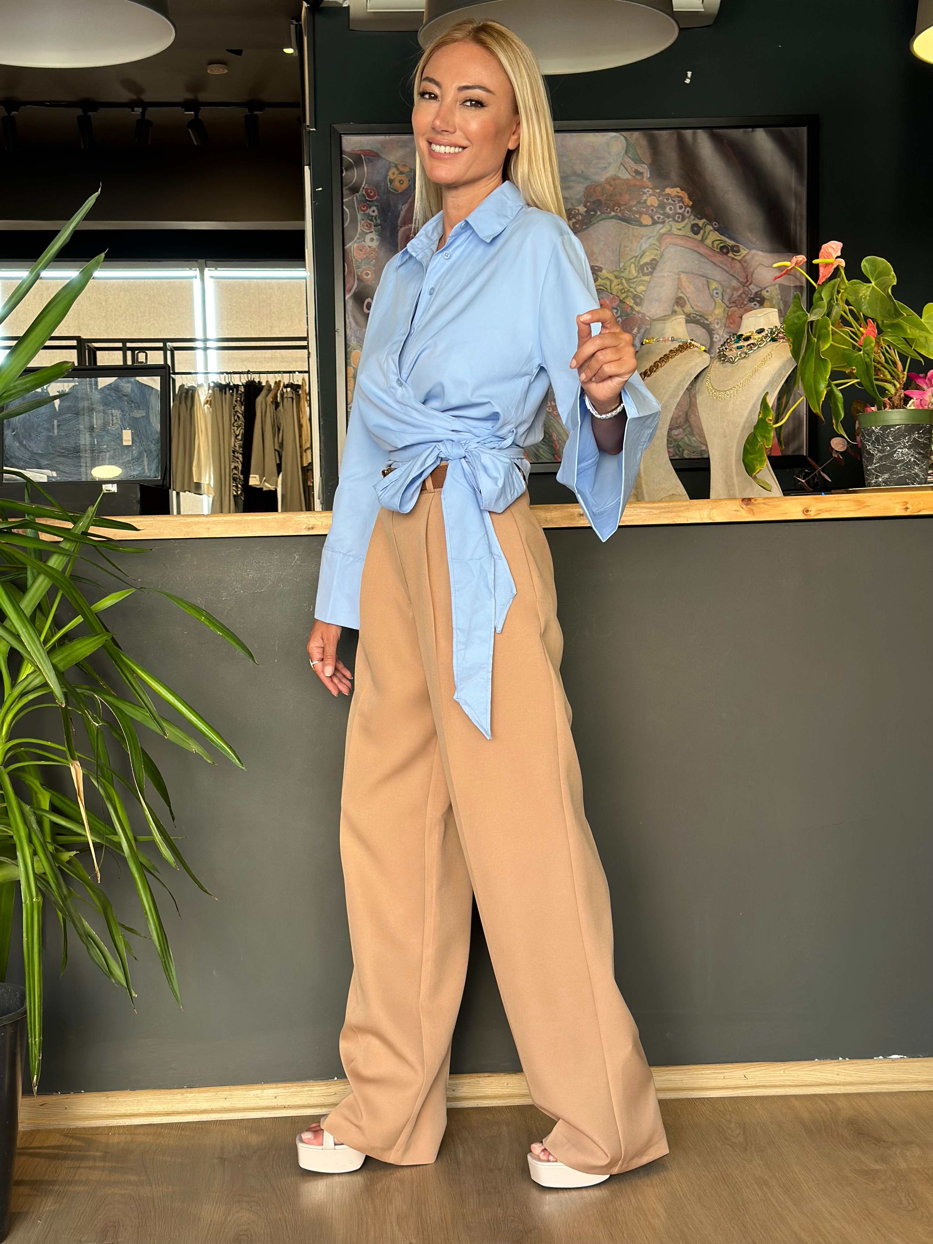 Mavi Bağlamalı Kimono Gömlek