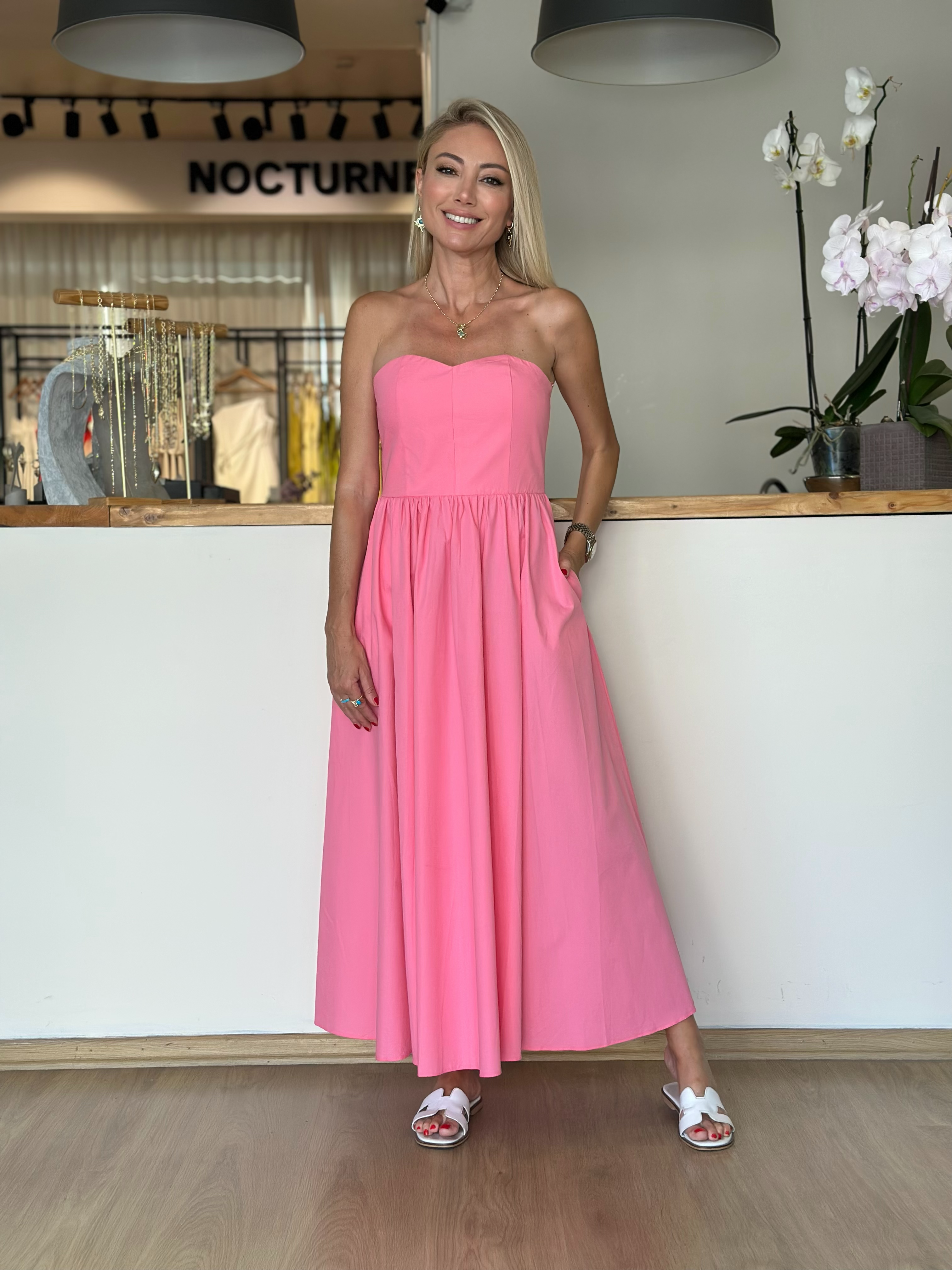 Pembe Straplez Midi Elbise Askı215