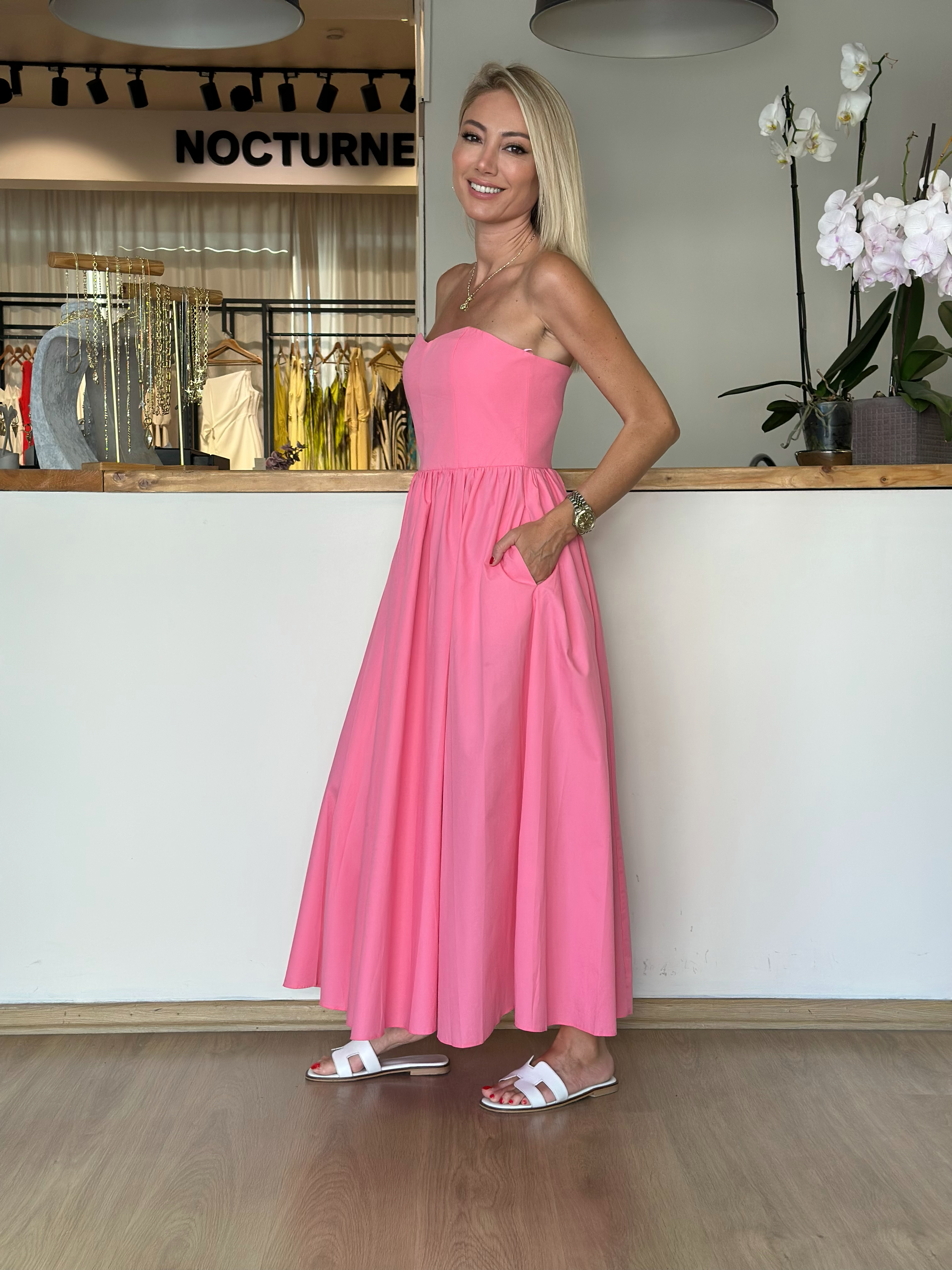 Pembe Straplez Midi Elbise Askı215